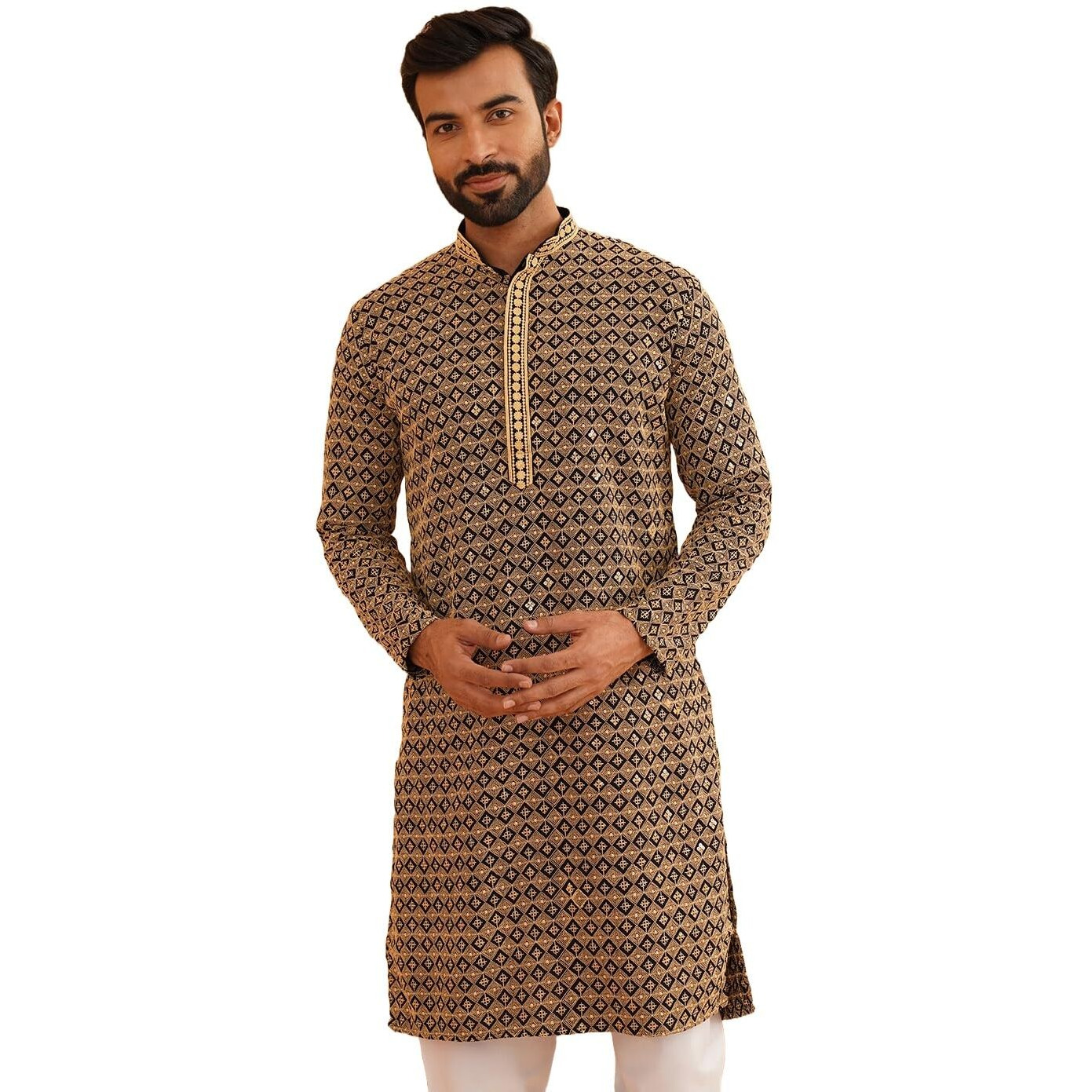Sojanya (Since 1958 Men's Cotton Contrast Embroidered Sequinned Gold Long Kurta Size 36