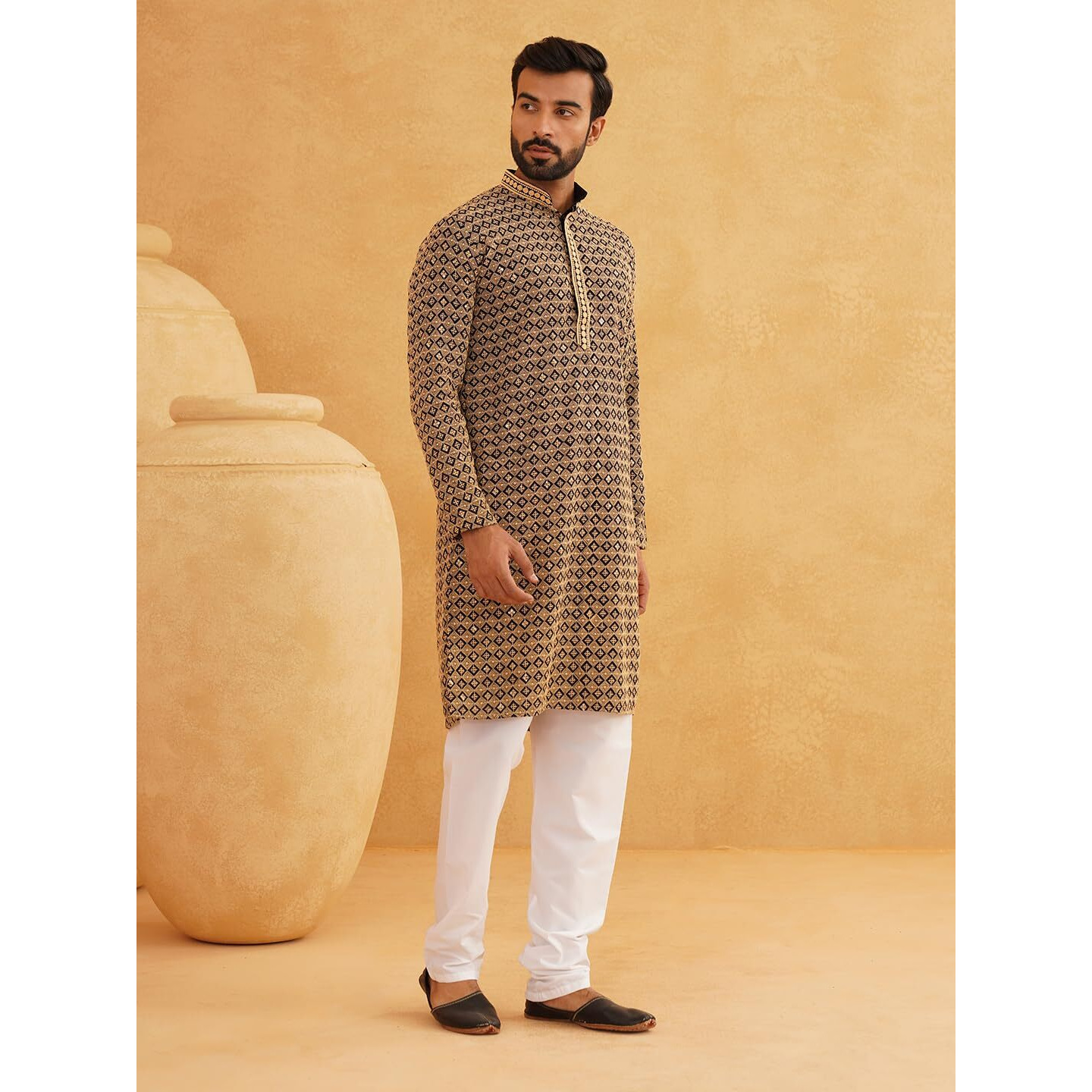 Sojanya (Since 1958 Men's Cotton Contrast Embroidered Sequinned Gold Long Kurta Size 36
