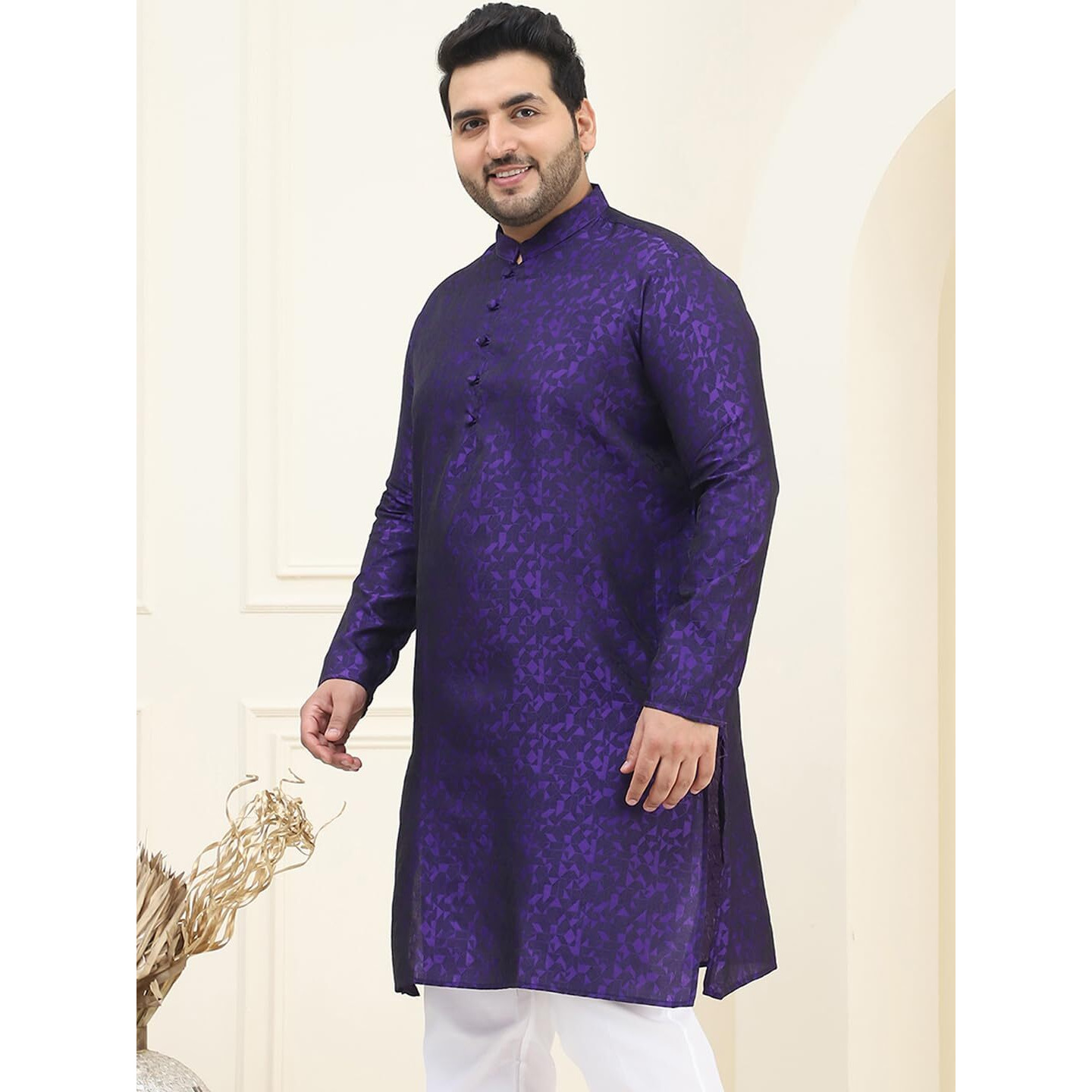 Sojanya Plus (Since 1958) Men's Silk Blend Purple Self Design Only Long Kurta