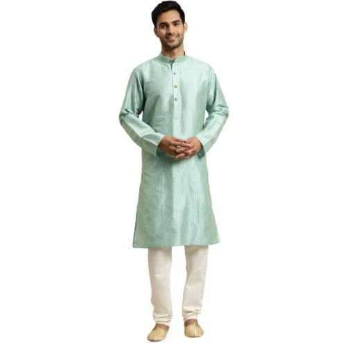 Sojanya (Since 1958 Men's Silk Blend Sea Green Striped Kurta & Off White Churidaar Pyjama Set Size 42