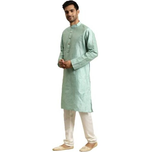 Sojanya (Since 1958 Men's Silk Blend Sea Green Striped Kurta & Off White Churidaar Pyjama Set Size 42