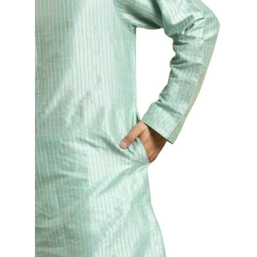 Sojanya (Since 1958 Men's Silk Blend Sea Green Striped Kurta & Off White Churidaar Pyjama Set Size 42