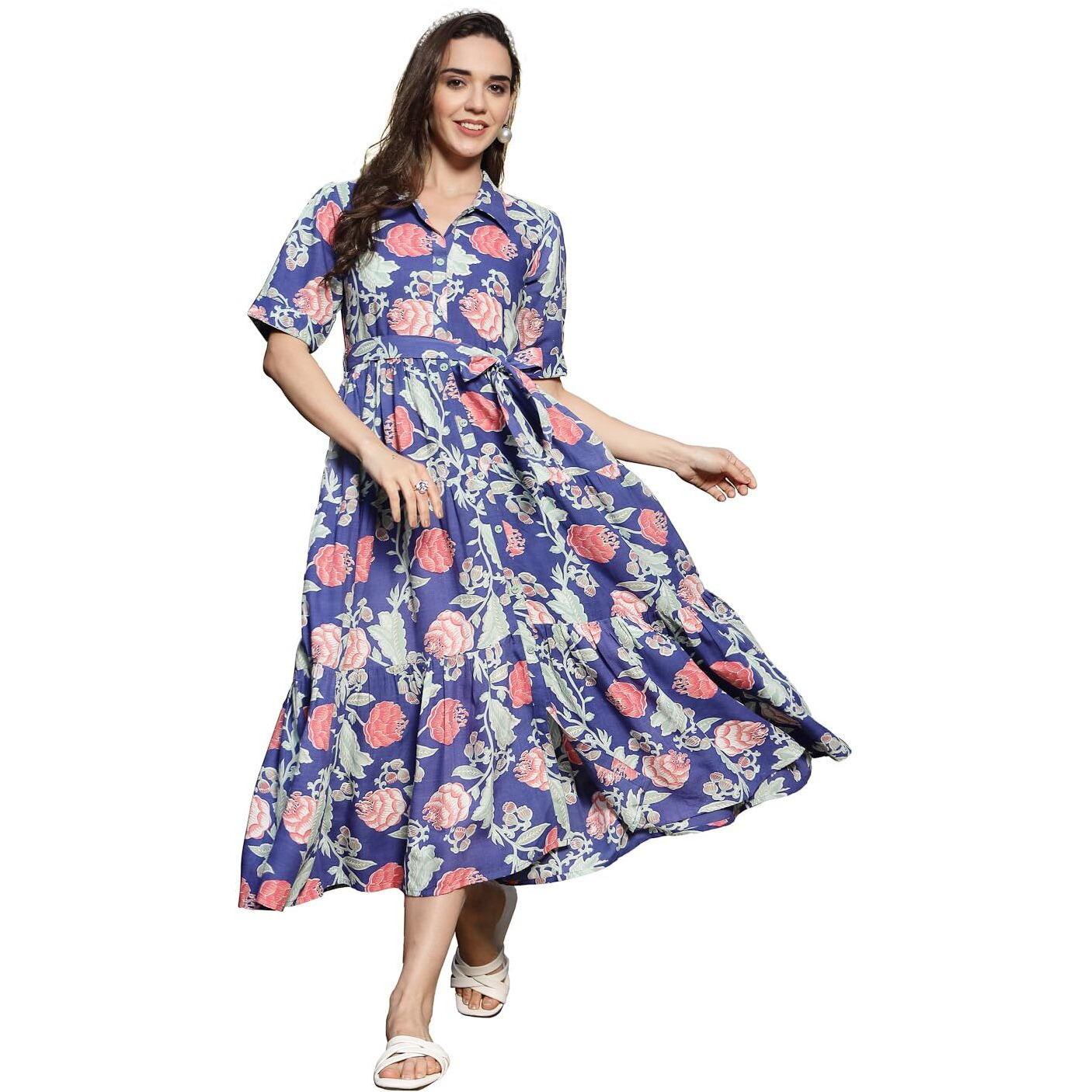 Stylum Women's Floral Printed Rayon Tiered Dress (Drsbluerenee44_Blue, Xxl)