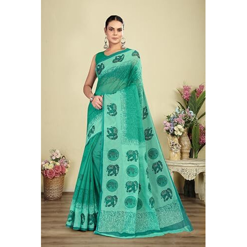 Tamaira Fashion Women's Hand Block Printed Pure Cotton Mulmul Saree Without Blouse Piece(Ab48_Seagreen)