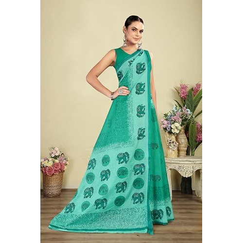 Tamaira Fashion Women's Hand Block Printed Pure Cotton Mulmul Saree Without Blouse Piece(Ab48_Seagreen)