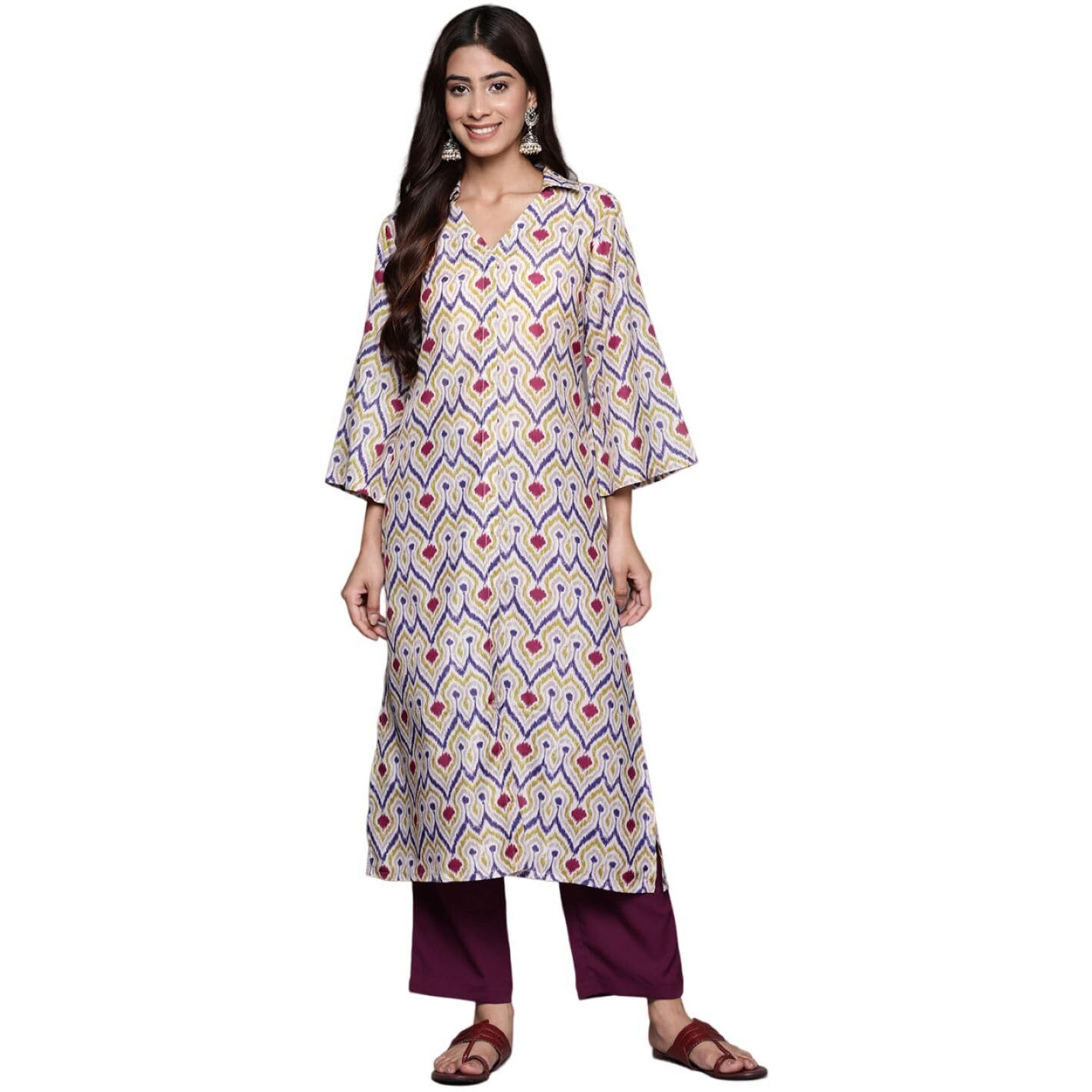 Varanga Women Off White Ikat Printed Shirt Collar Straight Kurta Paired With Violet Solid Bottom.