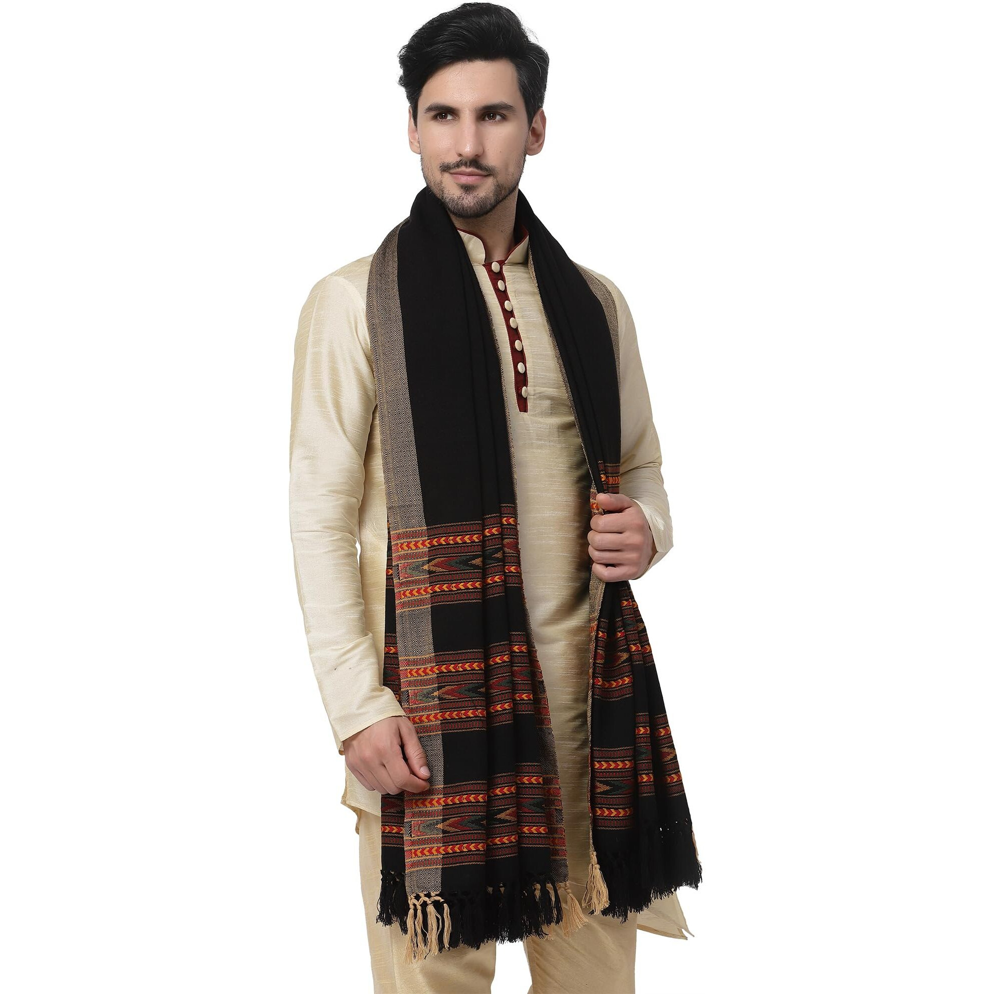 Weavers Villa Men's Woolen Shawl (Ms-500, Black), 100Cm X 200Cm