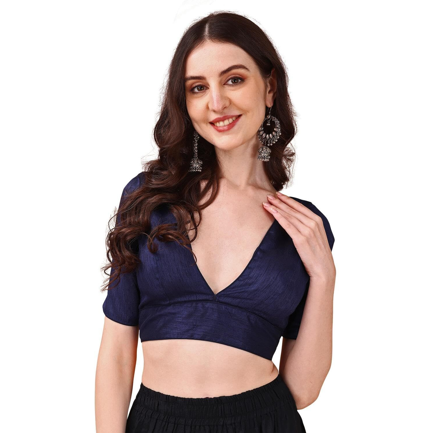 Womanista Women's Dupion Silk Solid Short Sleeve Regular Fit V Neck Blouse (Bl_63_Navy Blue M)