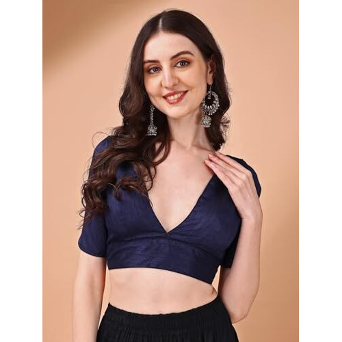 Womanista Women's Dupion Silk Solid Short Sleeve Regular Fit V Neck Blouse (Bl_63_Navy Blue M)
