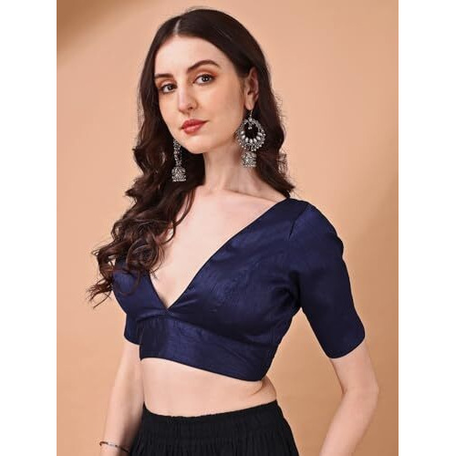 Womanista Women's Dupion Silk Solid Short Sleeve Regular Fit V Neck Blouse (Bl_63_Navy Blue M)