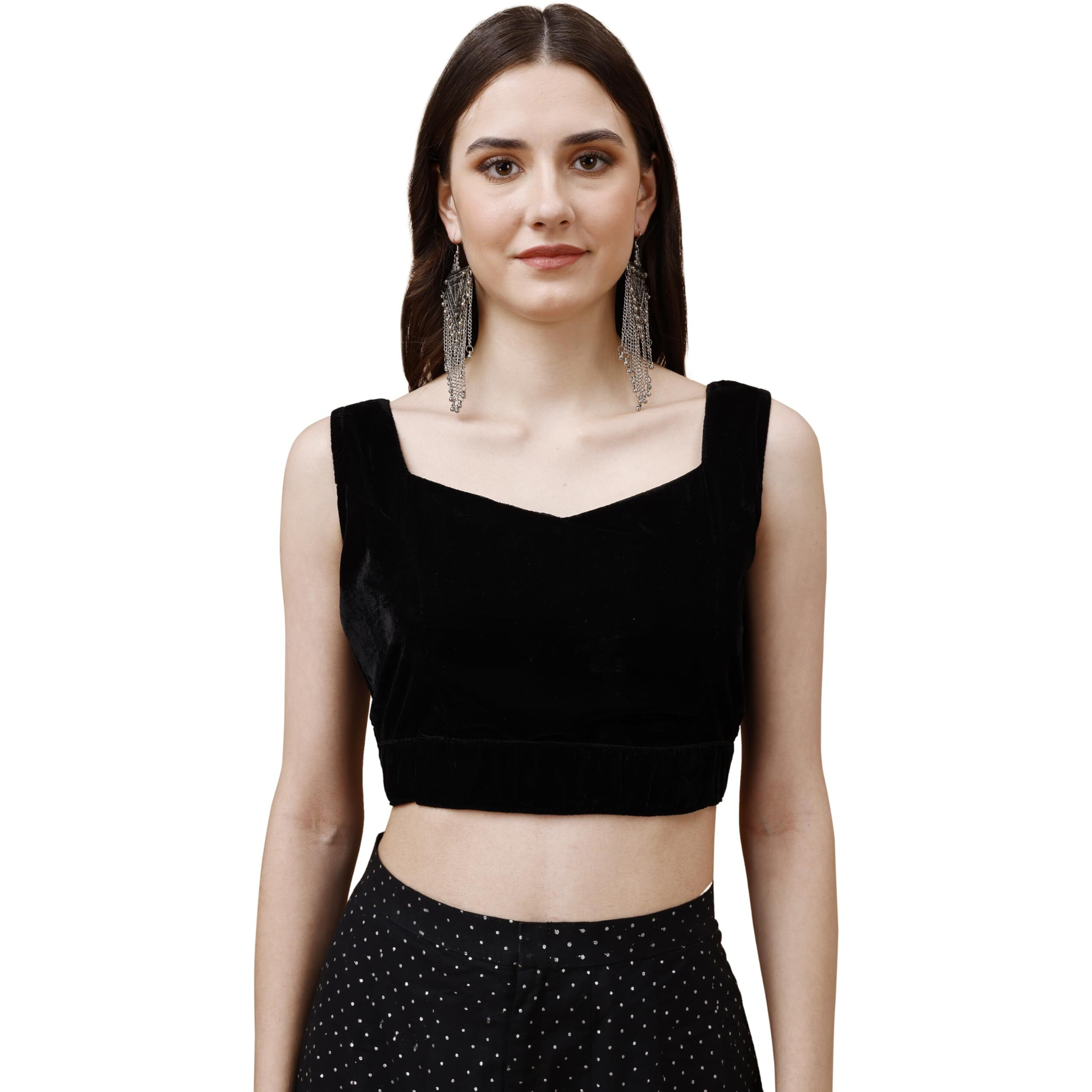 Womanista Women's Velvet Solid Sleeveless Regular Fit Blouse (Bl_26A_Black Xl)