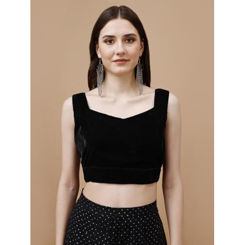 Womanista Women's Velvet Solid Sleeveless Regular Fit Blouse (Bl_26A_Black Xl)