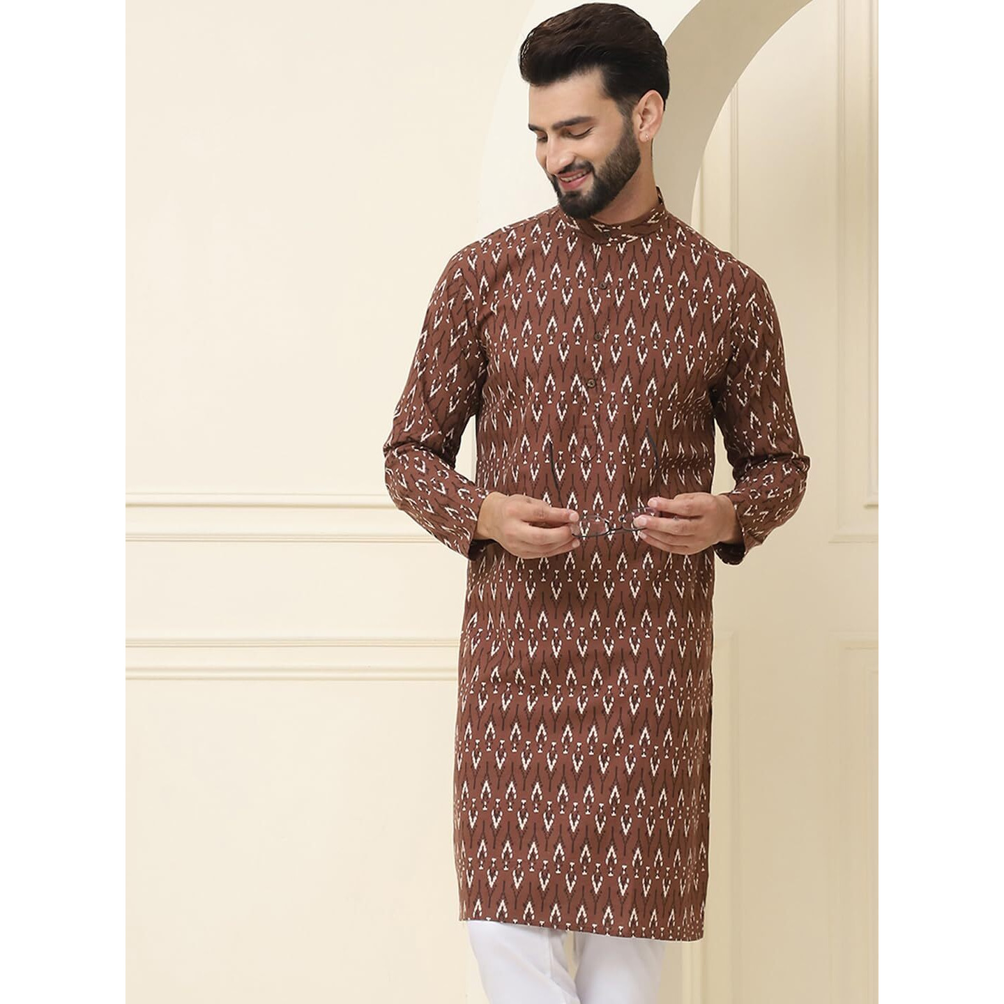 Sojanya (Since 1958 Men's Pure Cotton Brown & Cream Printed Only Long Kurta