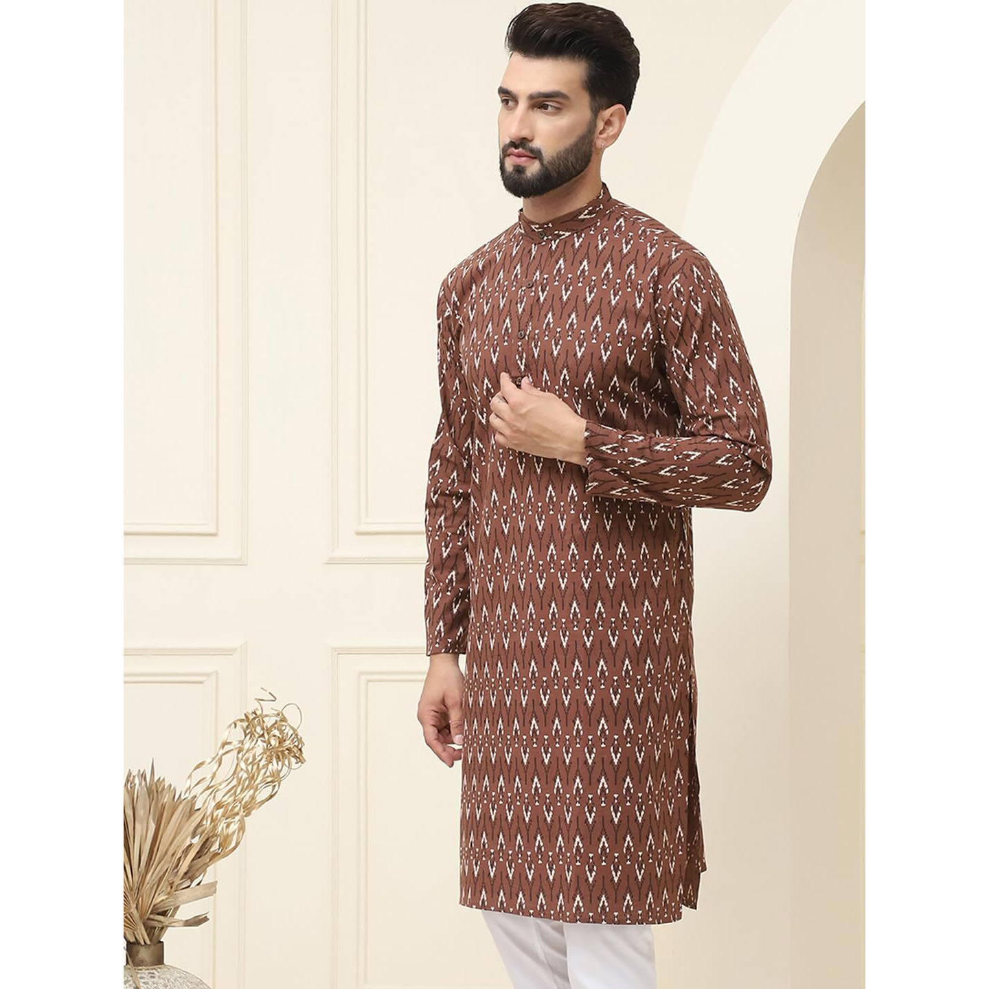 Sojanya (Since 1958 Men's Pure Cotton Brown & Cream Printed Only Long Kurta