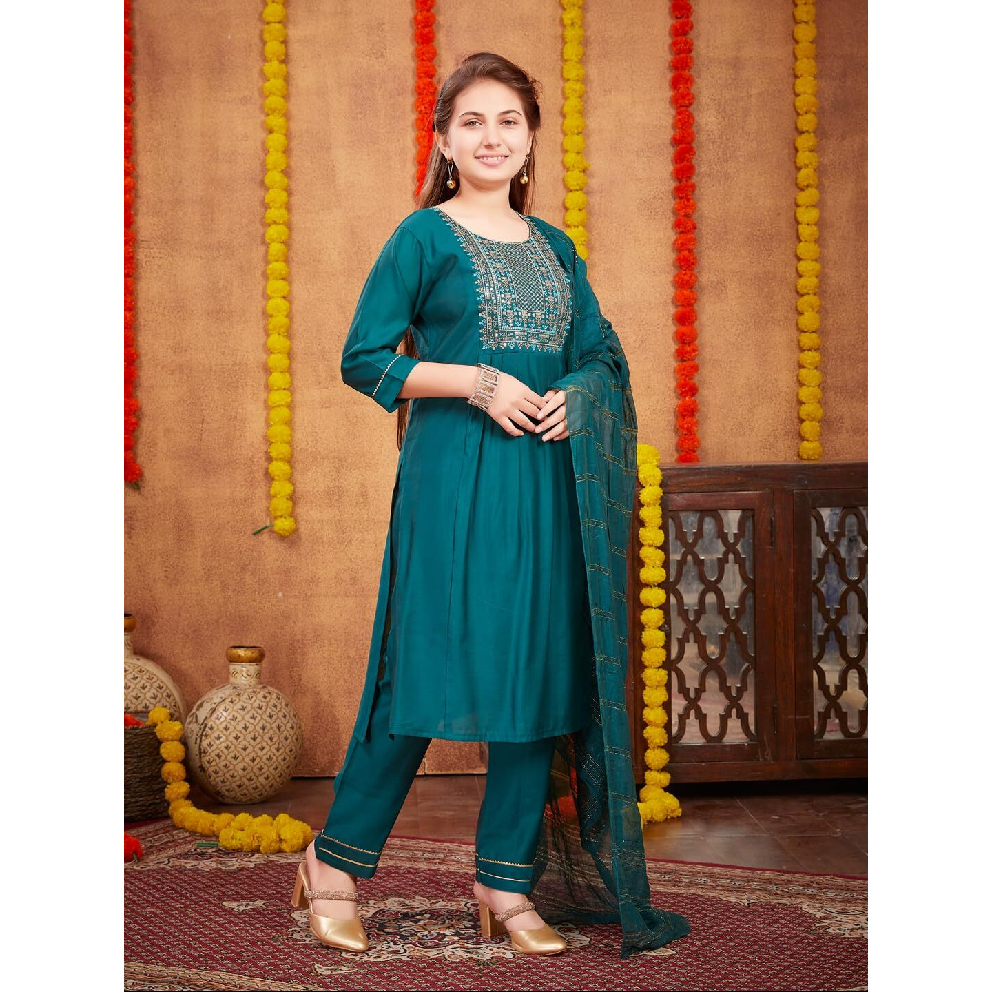 Aarika Girls Ethnic Wear Dark Green Colour Sequin Thread Embroidery With Gota Work Silk Kurti Pant Set (8-16 Years)