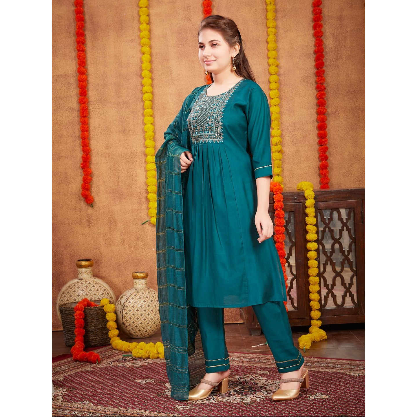 Aarika Girls Ethnic Wear Dark Green Colour Sequin Thread Embroidery With Gota Work Silk Kurti Pant Set (8-16 Years)