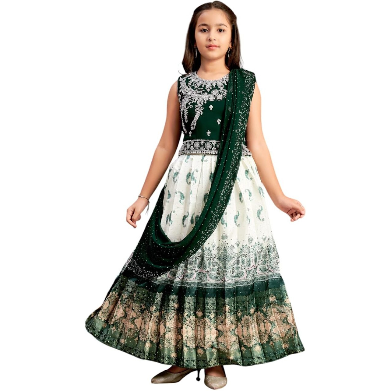 Aarika Girls Ethnic Wear Dark Green-Cream Colour Mirror Embroidery Georgette Lehenga Choli Set With Attached Dupatta-4-15 Years (Lch-9435)