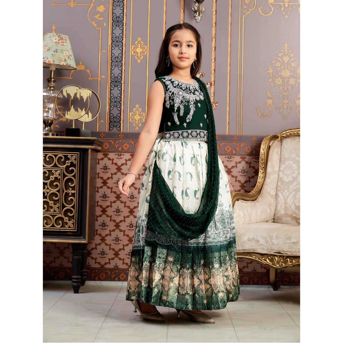 Aarika Girls Ethnic Wear Dark Green-Cream Colour Mirror Embroidery Georgette Lehenga Choli Set With Attached Dupatta-4-15 Years (Lch-9435)