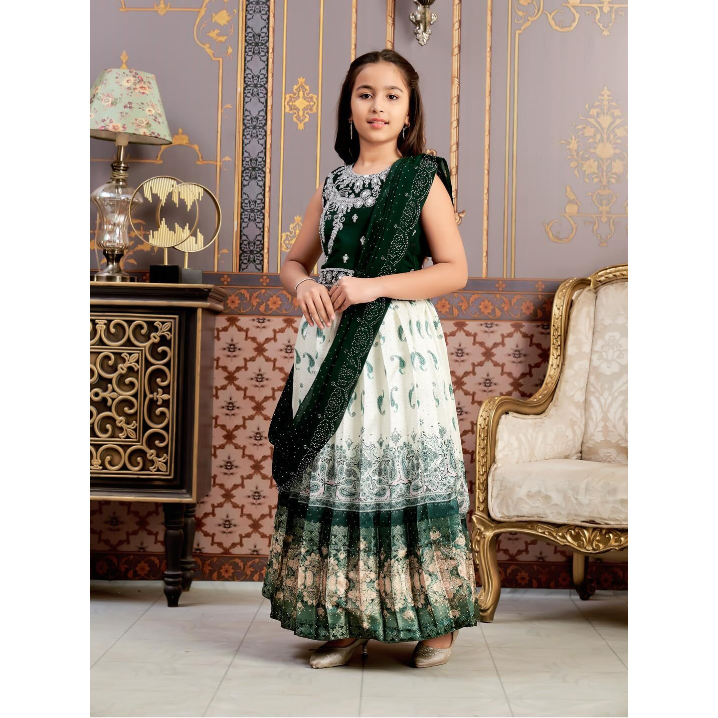 Aarika Girls Ethnic Wear Dark Green-Cream Colour Mirror Embroidery Georgette Lehenga Choli Set With Attached Dupatta-4-15 Years (Lch-9435)
