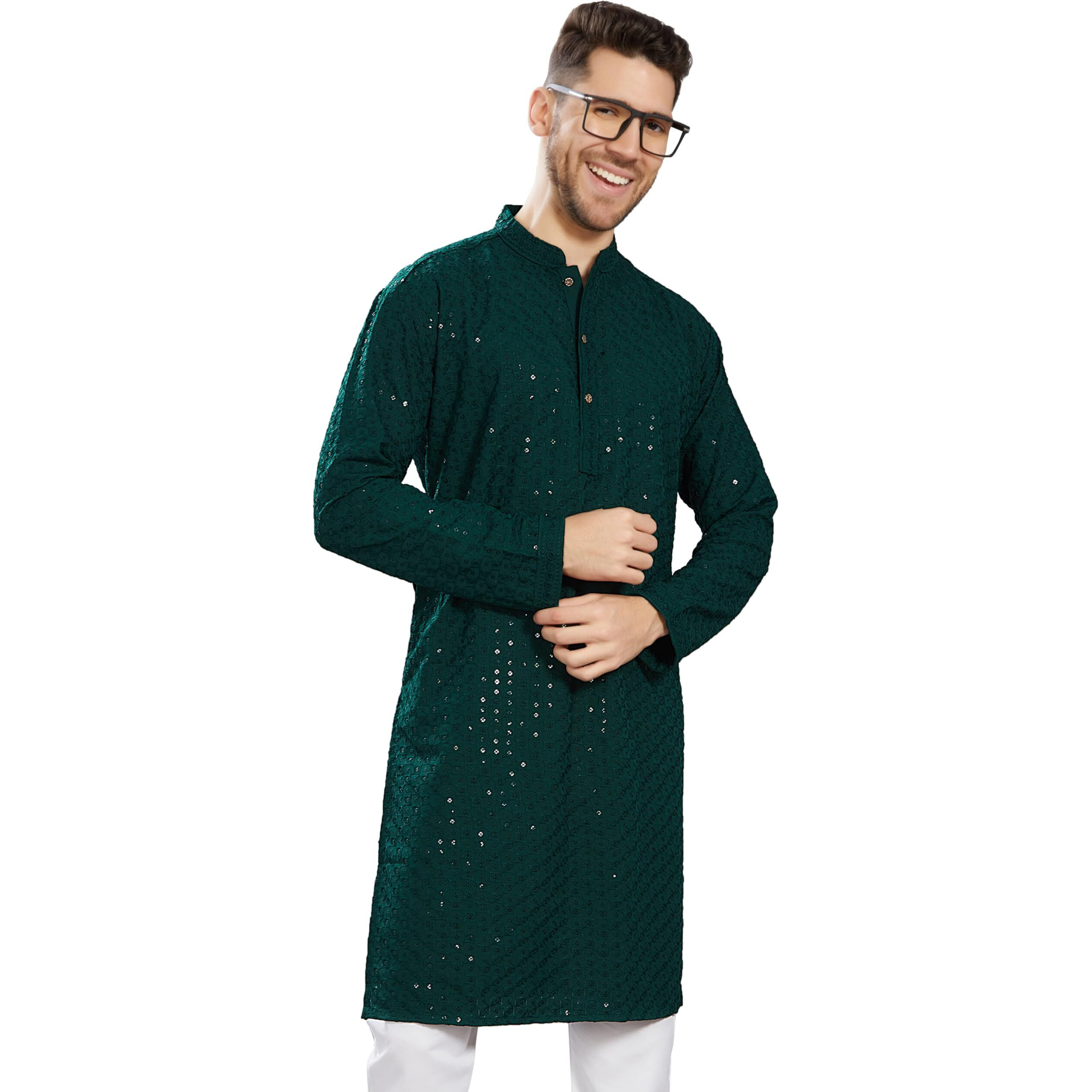Divisive Men's Sequince Embroidered Cotton Blend Only Slim Fit Kurta (Dkrt580_S_Bottle Green)