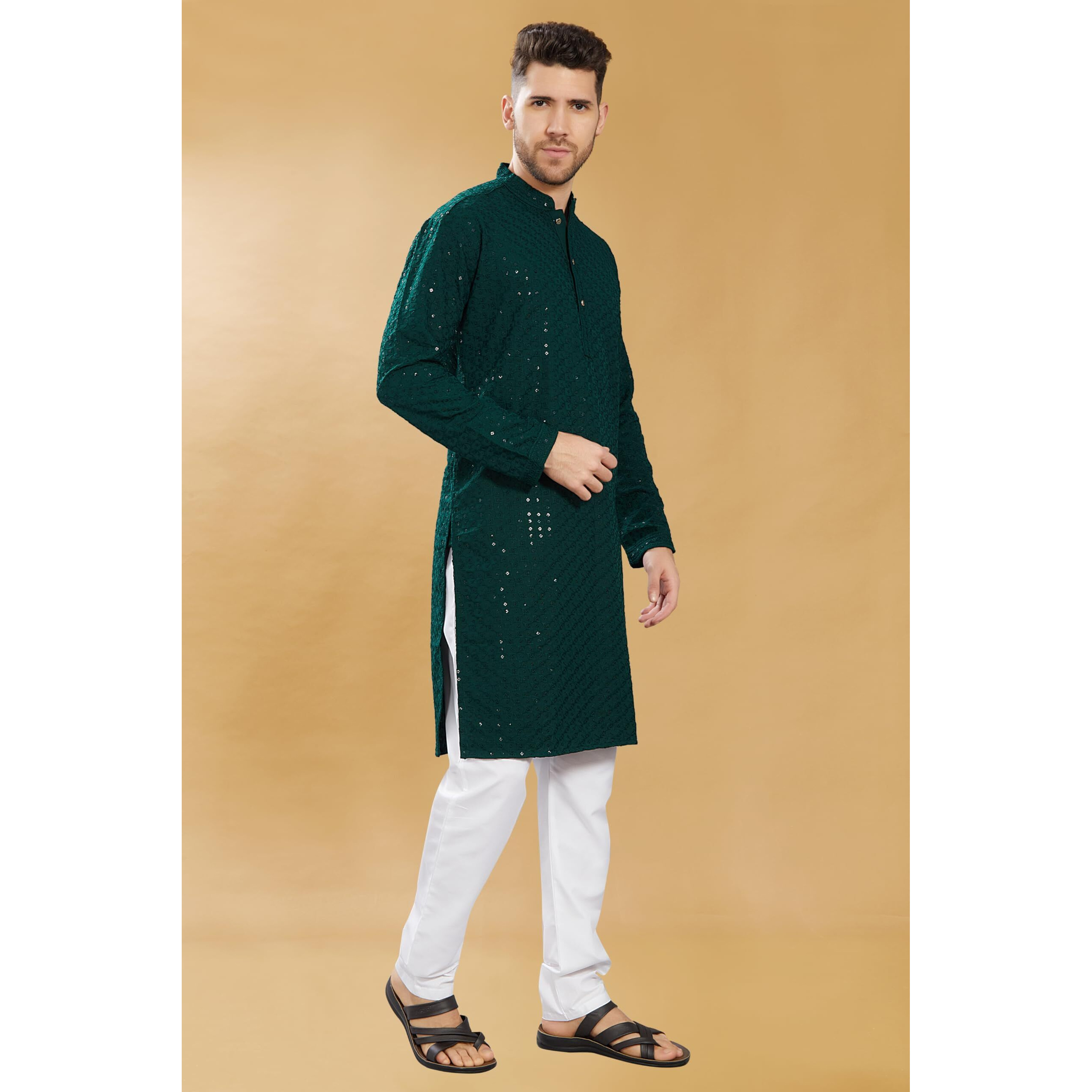 Divisive Men's Sequince Embroidered Cotton Blend Only Slim Fit Kurta (Dkrt580_S_Bottle Green)