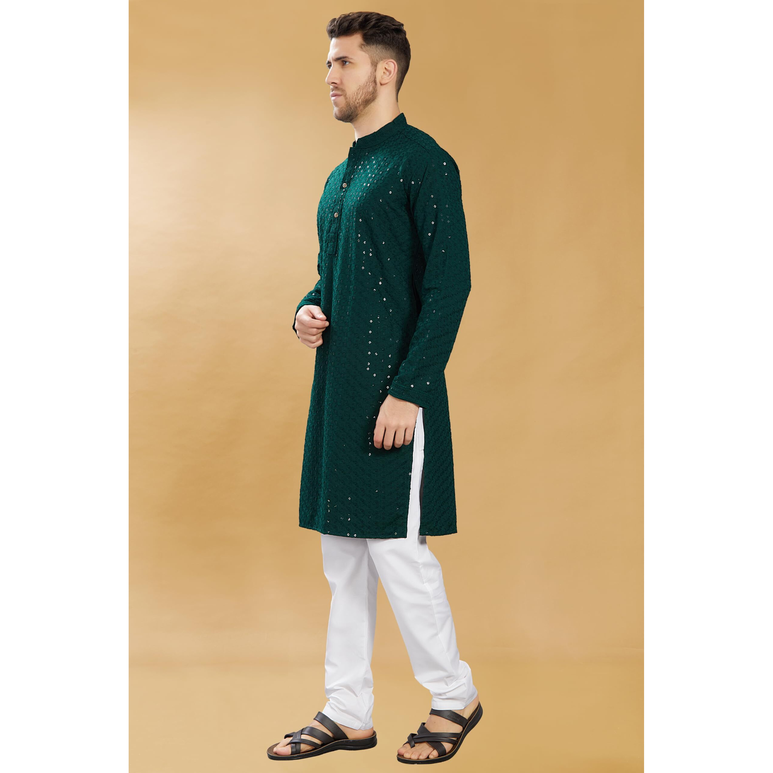 Divisive Men's Sequince Embroidered Cotton Blend Only Slim Fit Kurta (Dkrt580_S_Bottle Green)