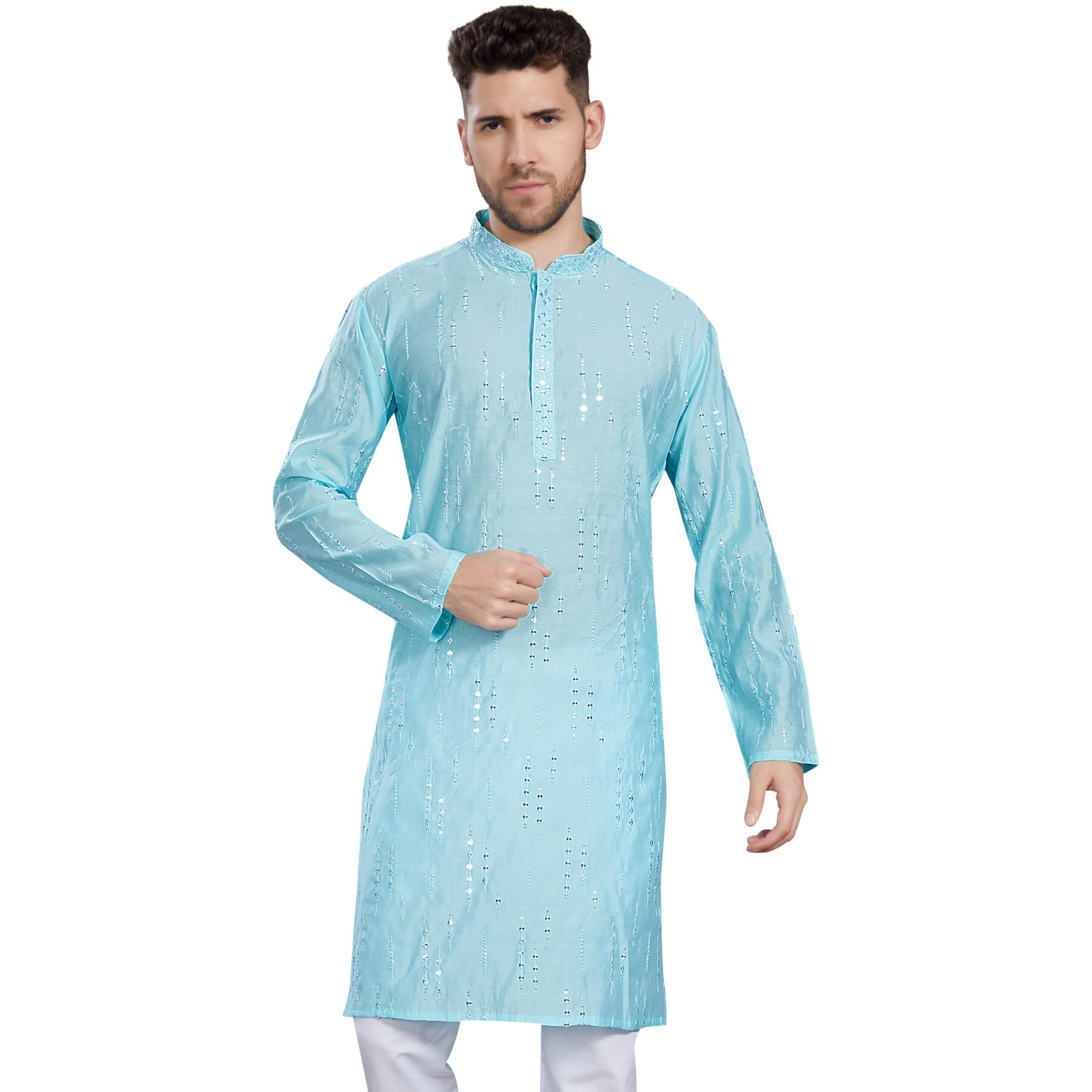 Divisive Men's Mirror Embroidered Silk Blend Only Slim Fit Kurta (Dkrt811_M_Sky)