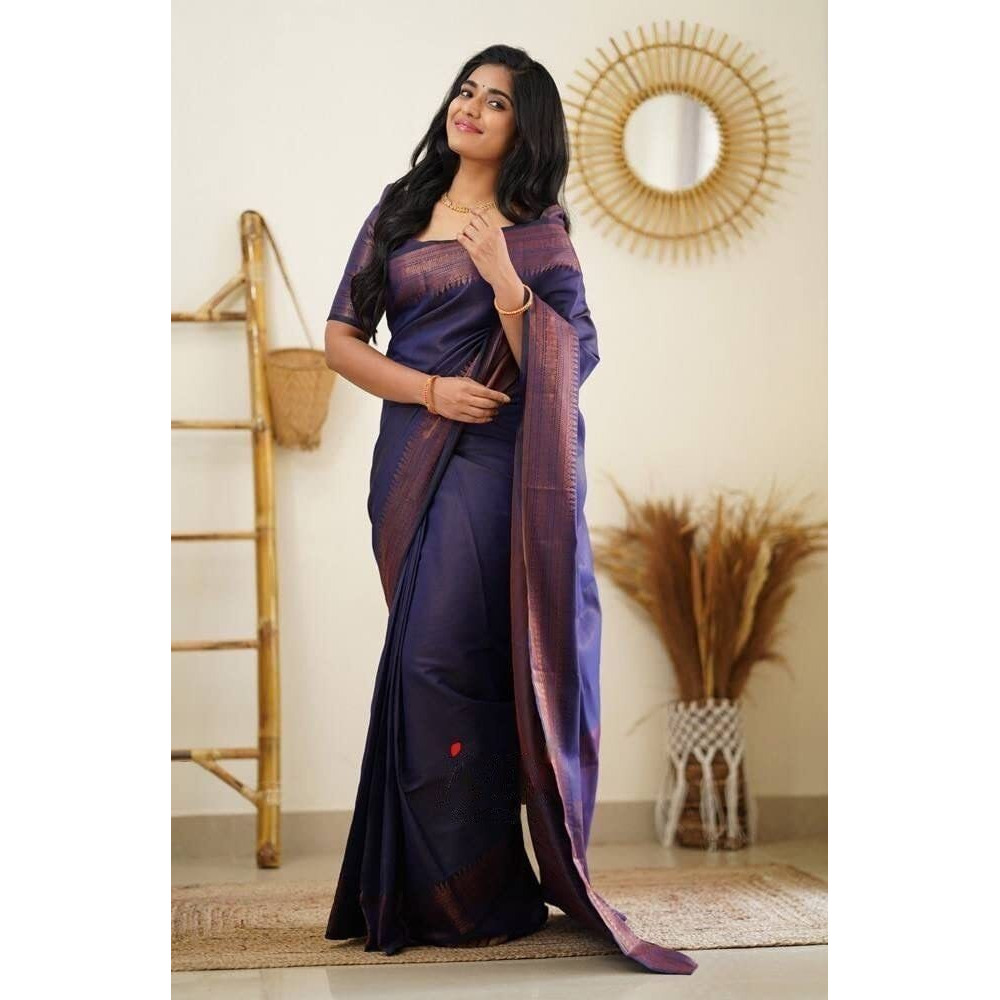 Flosive Women's Present Banarasi Soft Lichi Silk Saree Beautiful Jacquard Rich Pallu Design Work Zari Woven Kanjivaram Silk Style Saree With Soft Lichi Silk Blouse Piece Ayn (Blue)