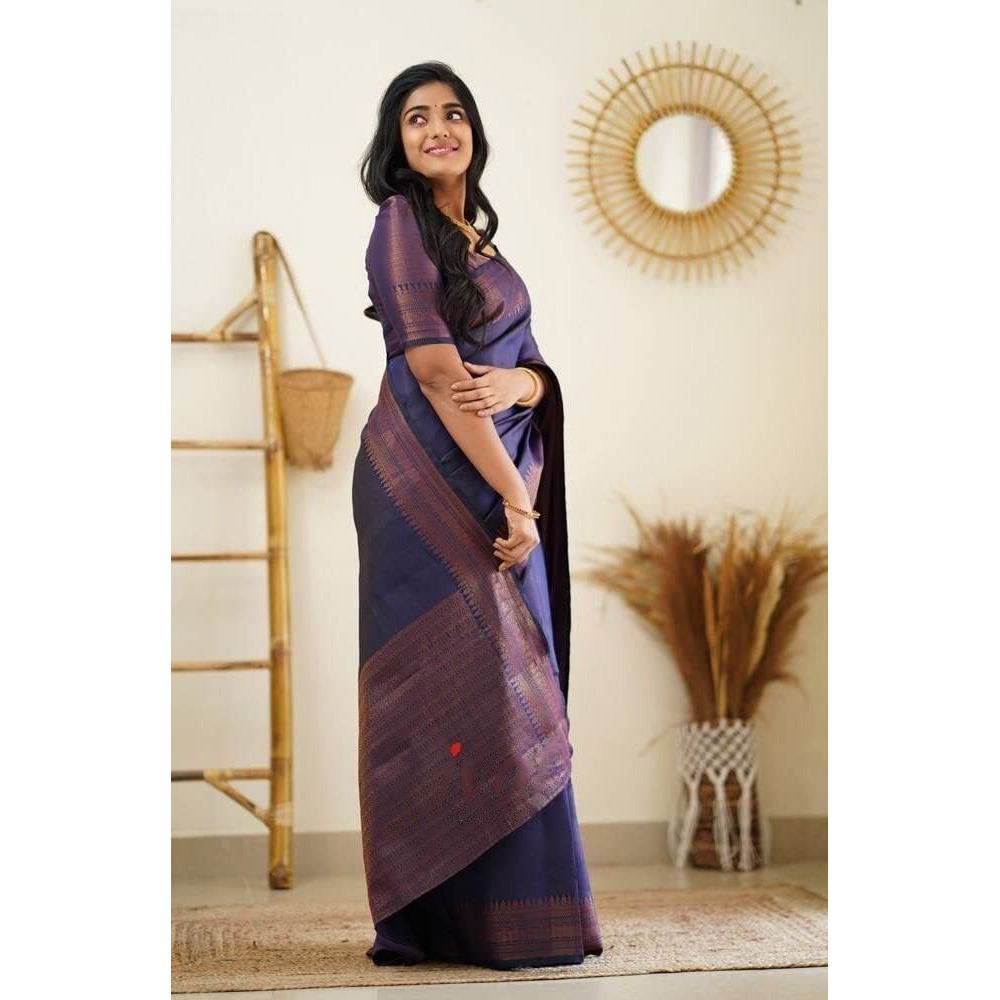 Flosive Women's Present Banarasi Soft Lichi Silk Saree Beautiful Jacquard Rich Pallu Design Work Zari Woven Kanjivaram Silk Style Saree With Soft Lichi Silk Blouse Piece Ayn (Blue)