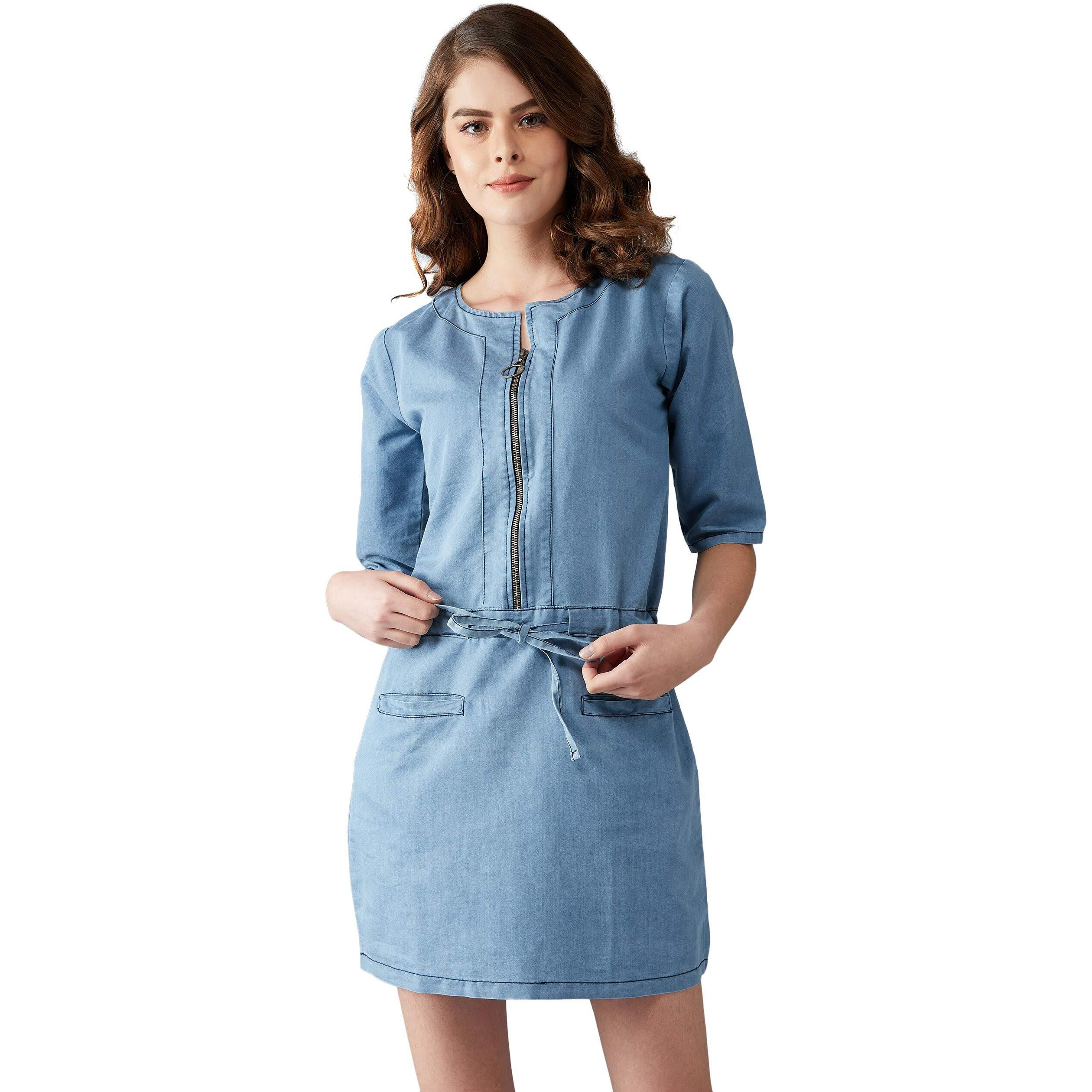 Dolce Crudo Women's Light Blue Denim Solid Midi Shift Dress(Doaw18Den04-29-158-03,Light Blue,Small)