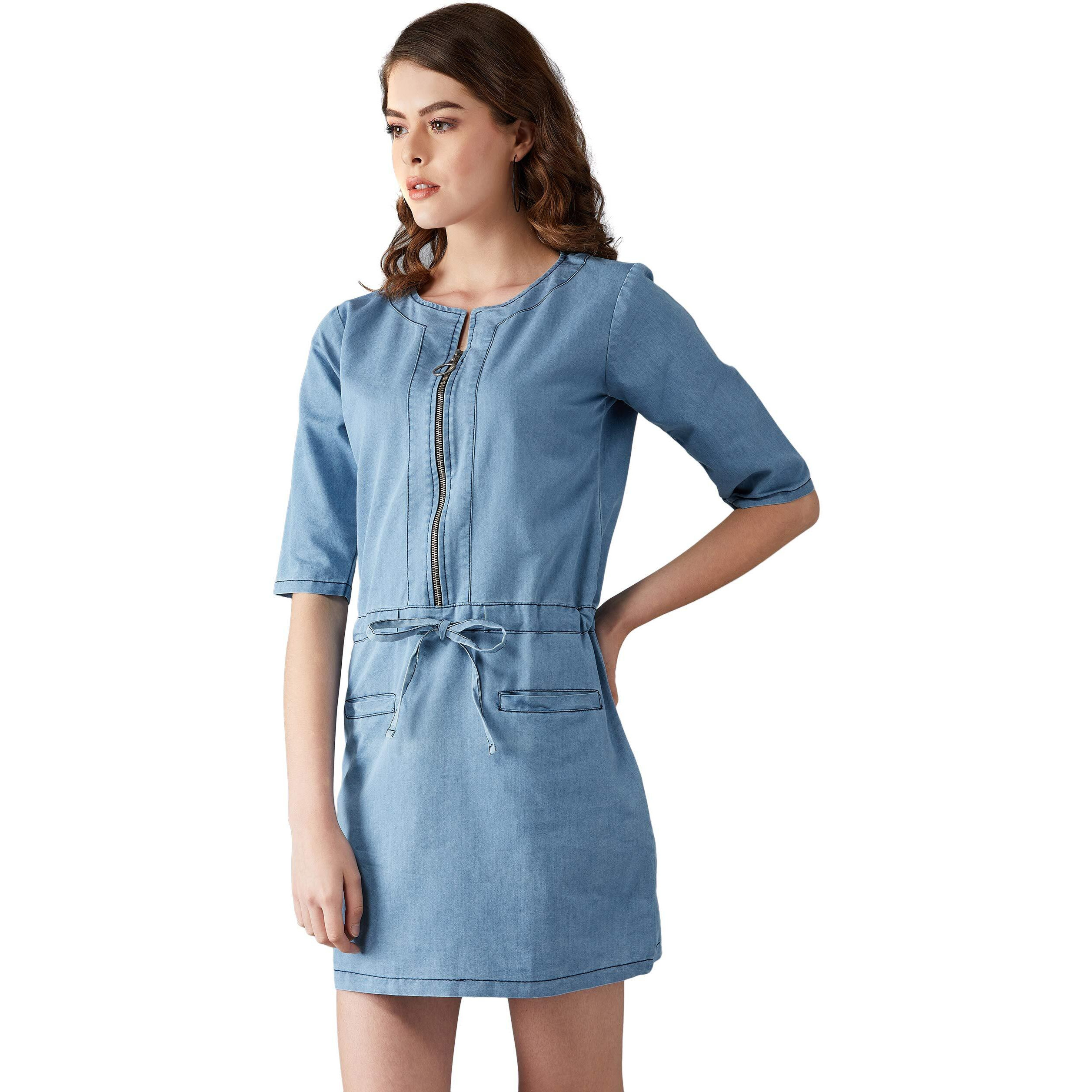 Dolce Crudo Women's Light Blue Denim Solid Midi Shift Dress(Doaw18Den04-29-158-03,Light Blue,Small)