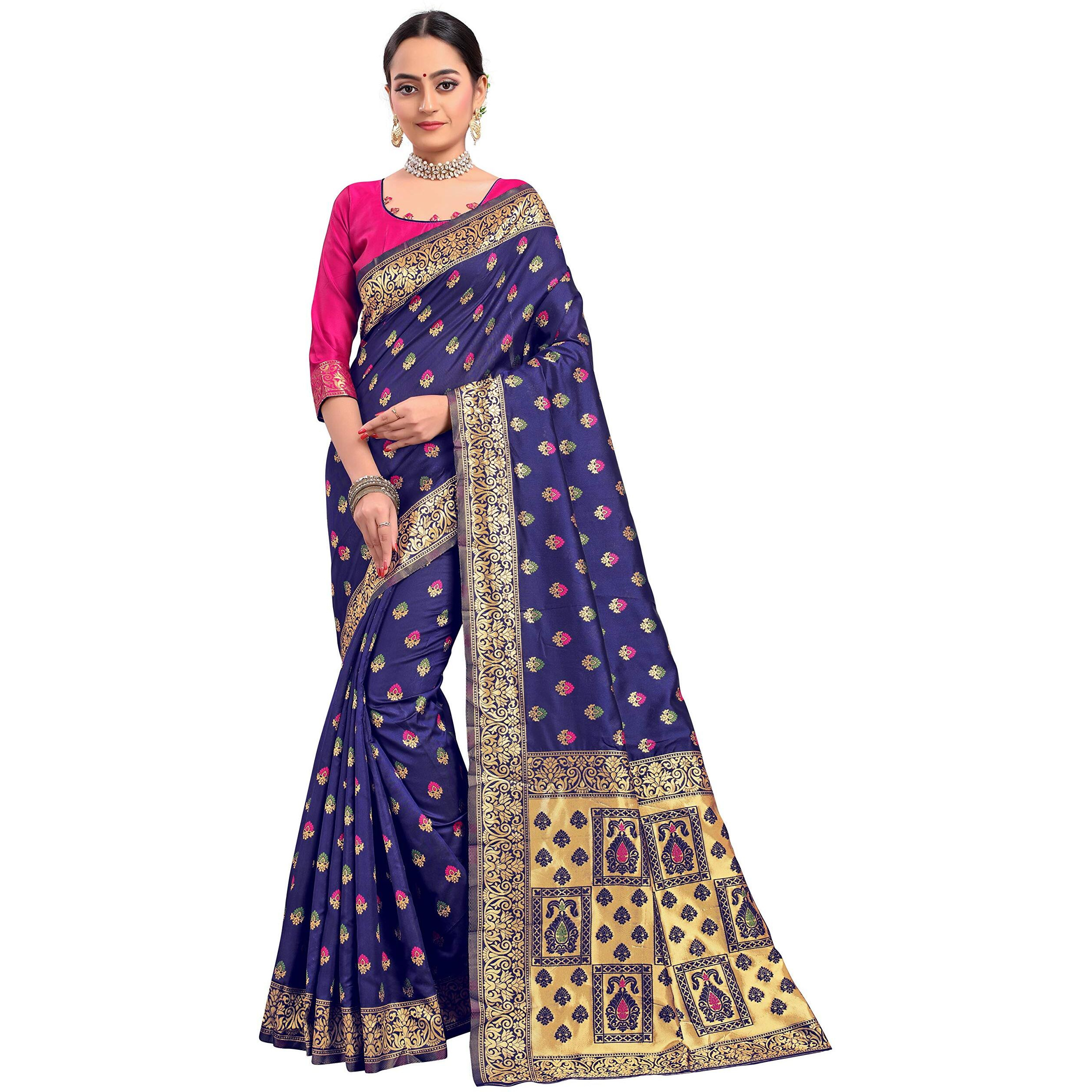 Glory Sarees Women's Banarasi Silk Blend Saree With Blouse Piece (Gs_Bridal_Silk125_Navy)