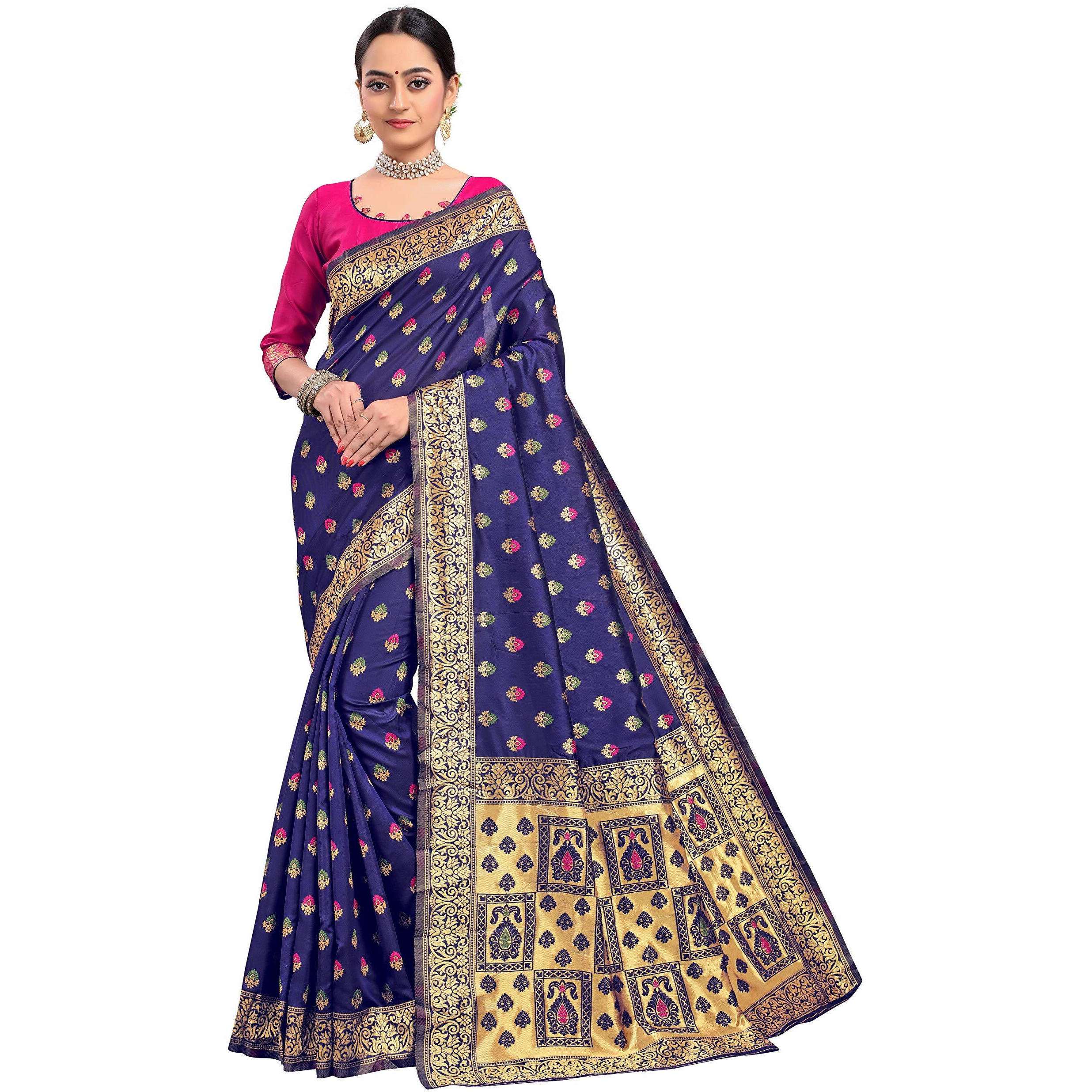 Glory Sarees Women's Banarasi Silk Blend Saree With Blouse Piece (Gs_Bridal_Silk125_Navy)