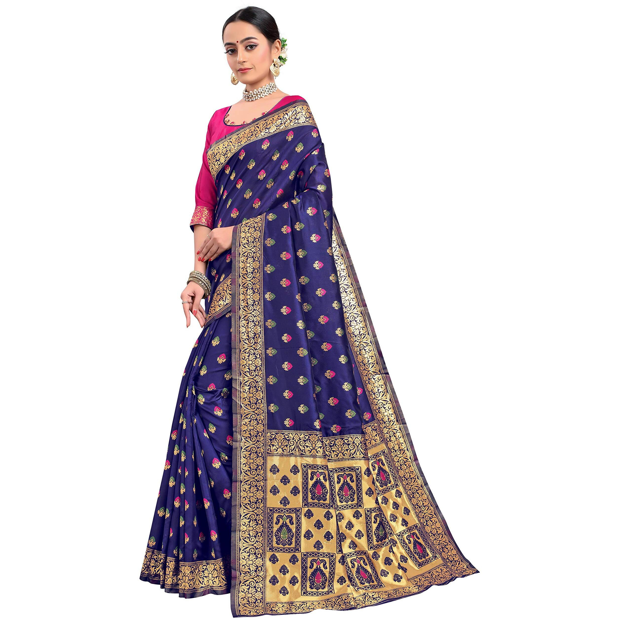 Glory Sarees Women's Banarasi Silk Blend Saree With Blouse Piece (Gs_Bridal_Silk125_Navy)