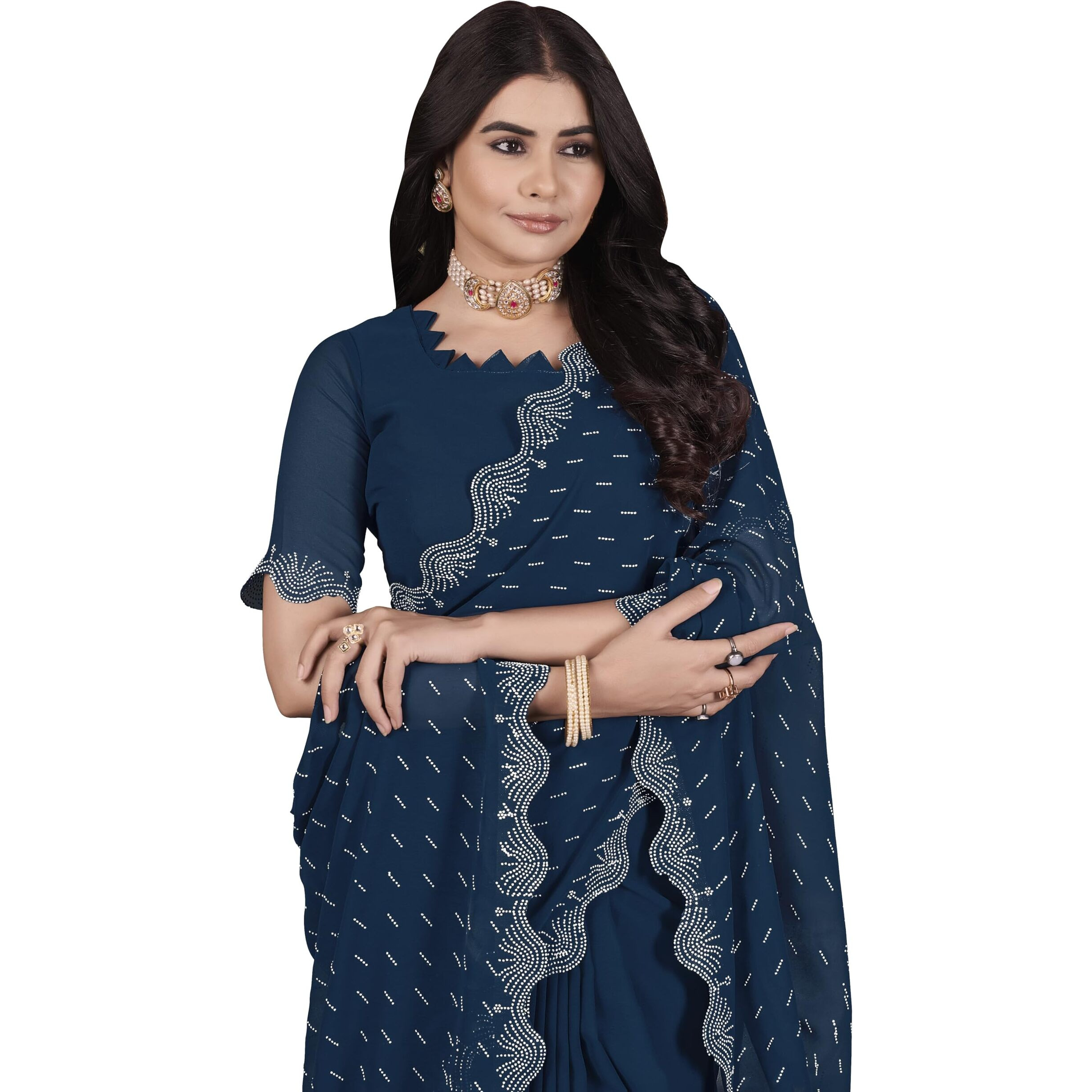 Glory Sarees Women's Georgette Swarovski Saree With Blouse Piece (Swarovskisarees_Darkfirozi)