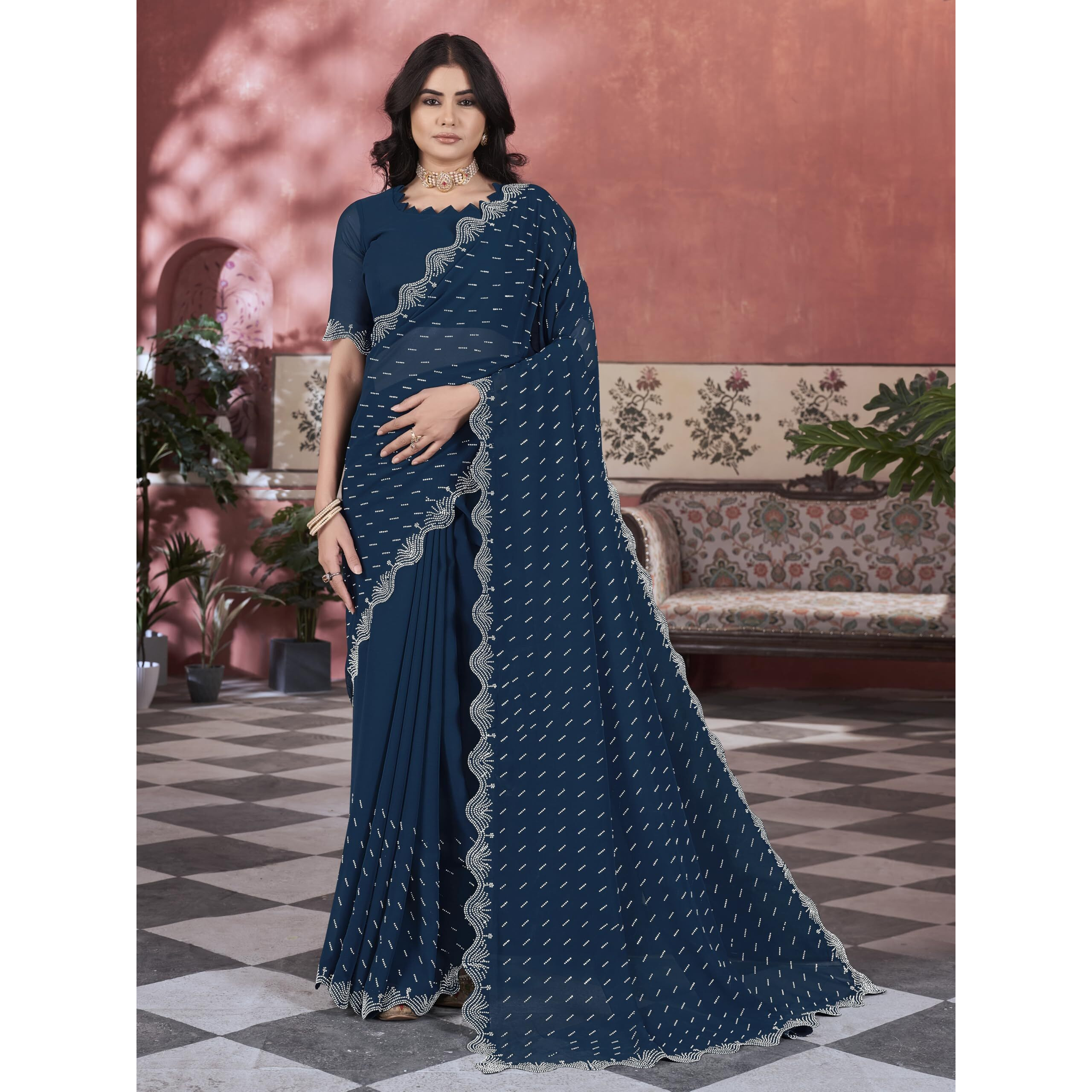 Glory Sarees Women's Georgette Swarovski Saree With Blouse Piece (Swarovskisarees_Darkfirozi)
