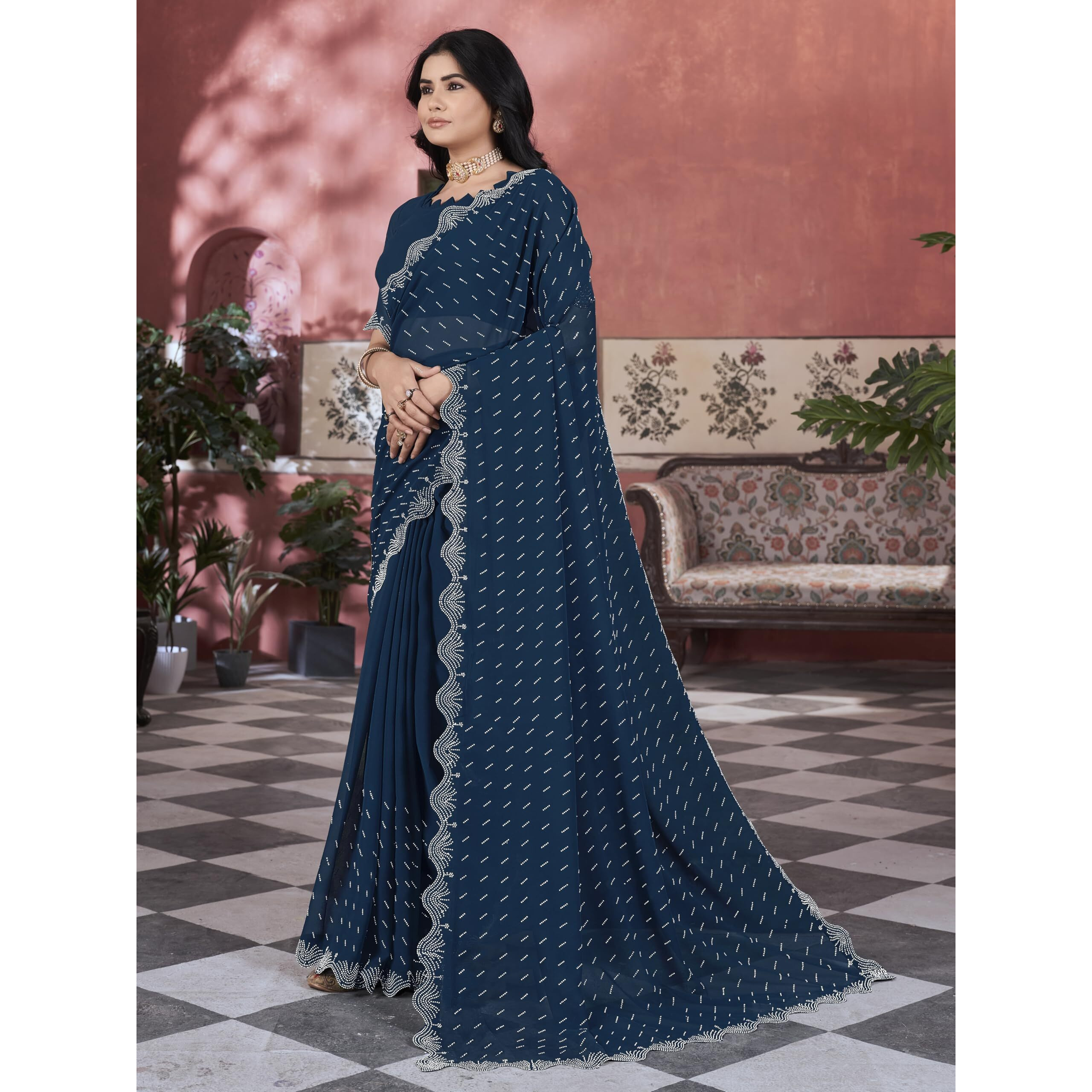 Glory Sarees Women's Georgette Swarovski Saree With Blouse Piece (Swarovskisarees_Darkfirozi)