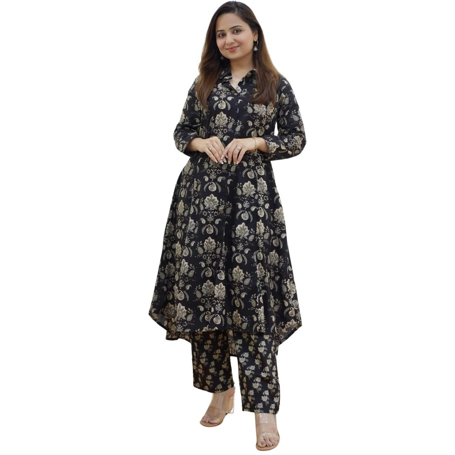 Greciilooks Rayon Standard Length Formal Travel Floral Printed Ethnic Co-Ord Kurta Set For Women (Available In 2Xl And 3Xl) (Gl-W1840_Black_S)