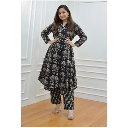 Greciilooks Rayon Standard Length Formal Travel Floral Printed Ethnic Co-Ord Kurta Set For Women (Available In 2Xl And 3Xl) (Gl-W1840_Black_S)