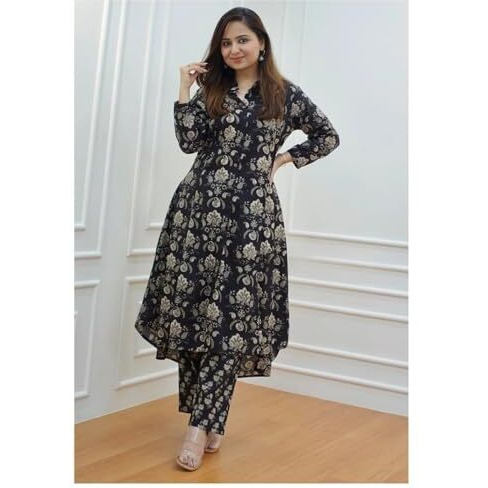 Greciilooks Rayon Standard Length Formal Travel Floral Printed Ethnic Co-Ord Kurta Set For Women (Available In 2Xl And 3Xl) (Gl-W1840_Black_S)