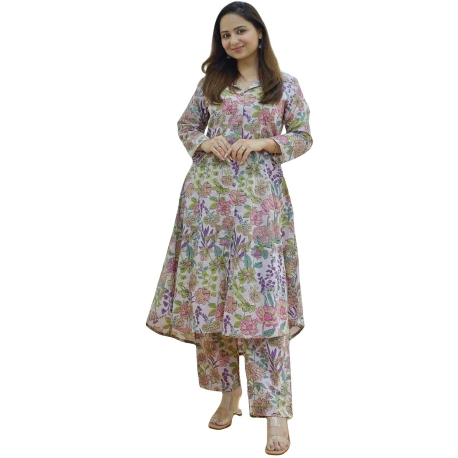 Greciilooks Women's Rayon Floral Regular Fit Kurta Set (Gl-W1818_Multicolor 01_L)