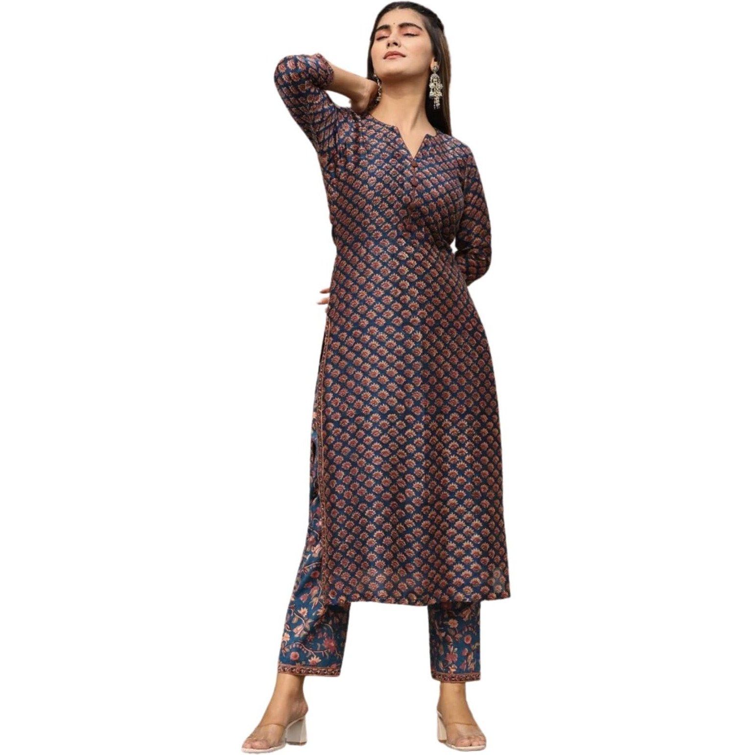 Greciilooks Women Cotton Blend Casual Regular Fit Kurta Set (Blue, Large), Floral