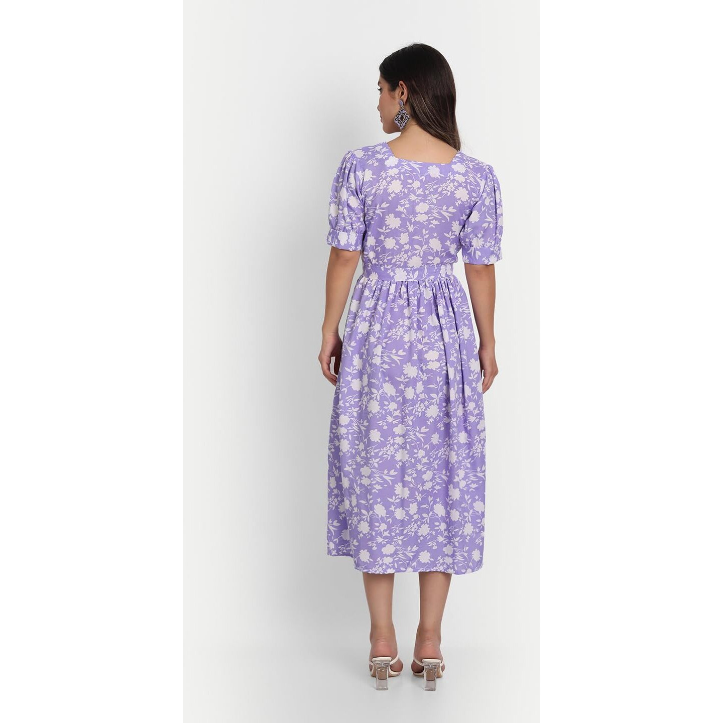 Gufrina Women's Half Sleeve Square Neck & Tie-Up Dress - Floral Print Midi Dress With Puff Sleeves (Lavender Xxl)