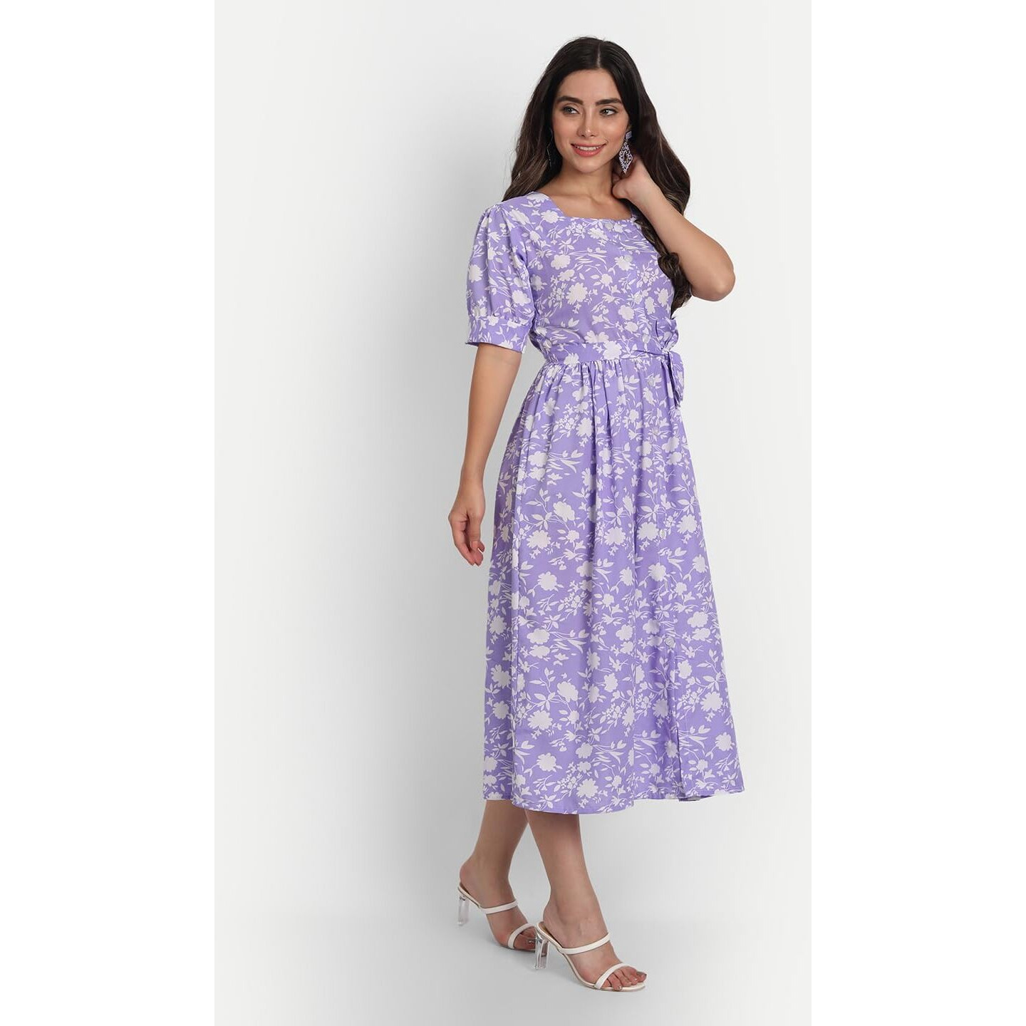 Gufrina Women's Half Sleeve Square Neck & Tie-Up Dress - Floral Print Midi Dress With Puff Sleeves (Lavender Xxl)