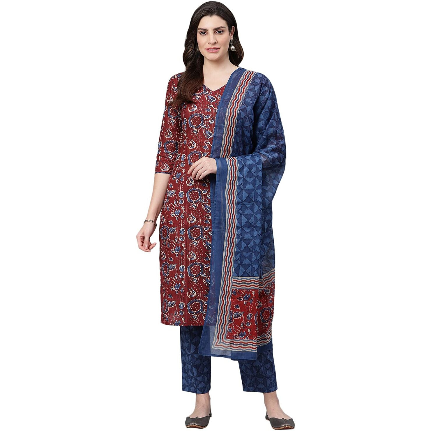 Idalia Maroon Printed Kurta With Blue Printed Pants And Dupatta