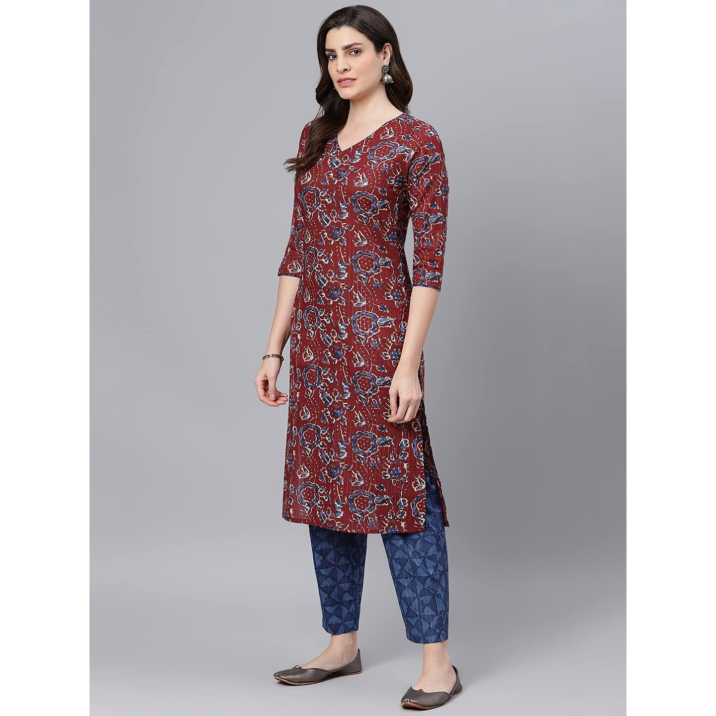 Idalia Maroon Printed Kurta With Blue Printed Pants And Dupatta