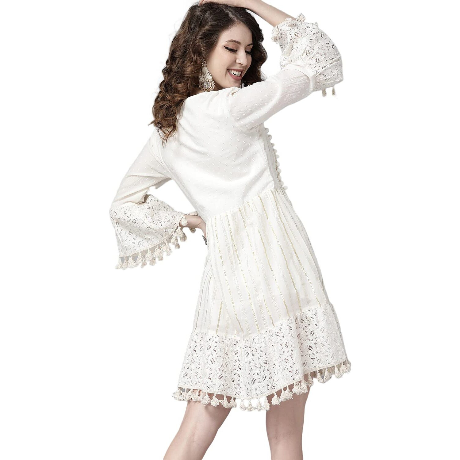 Ishin Women's Pure Cotton Off White Zari Embellished A-Line Dress