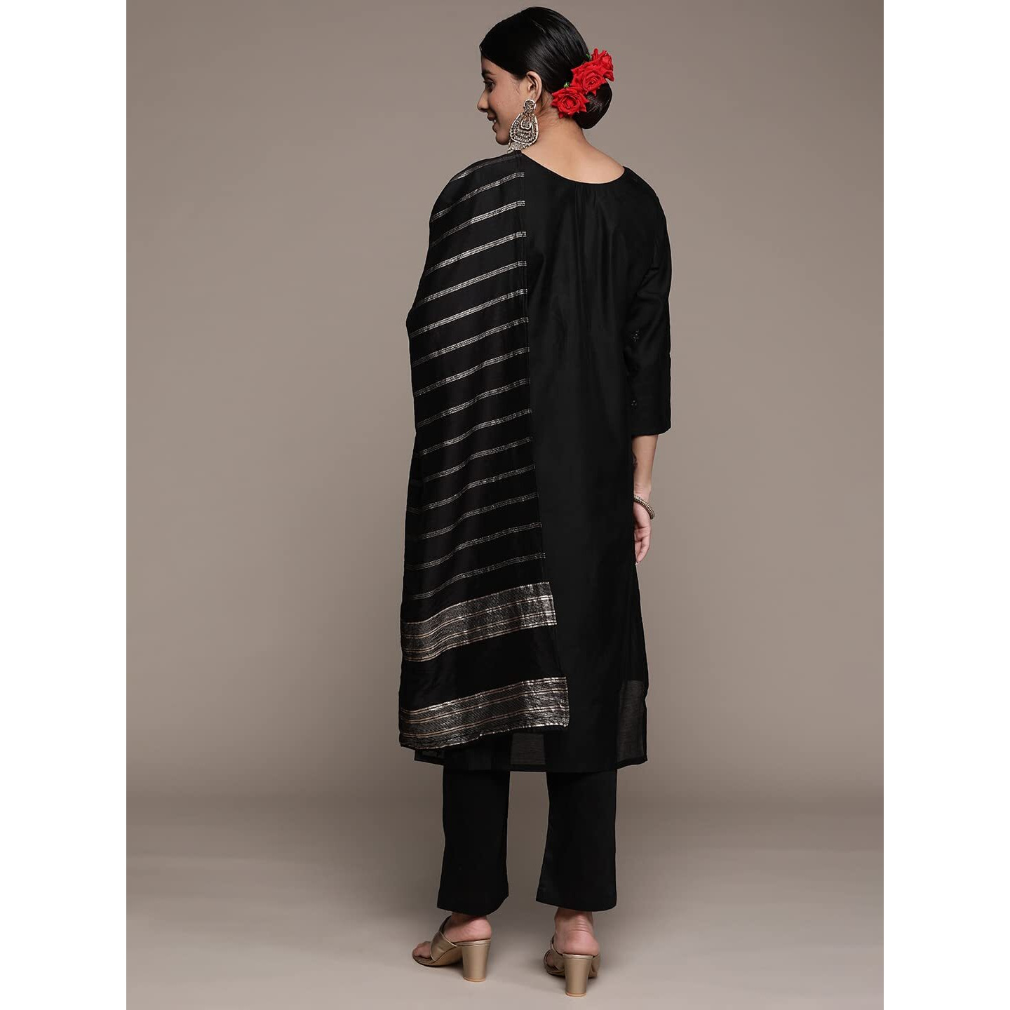 Ishin Women's Silk Blend Black Embroidered A-Line Kurta Suit Set With Pant & Dupatta