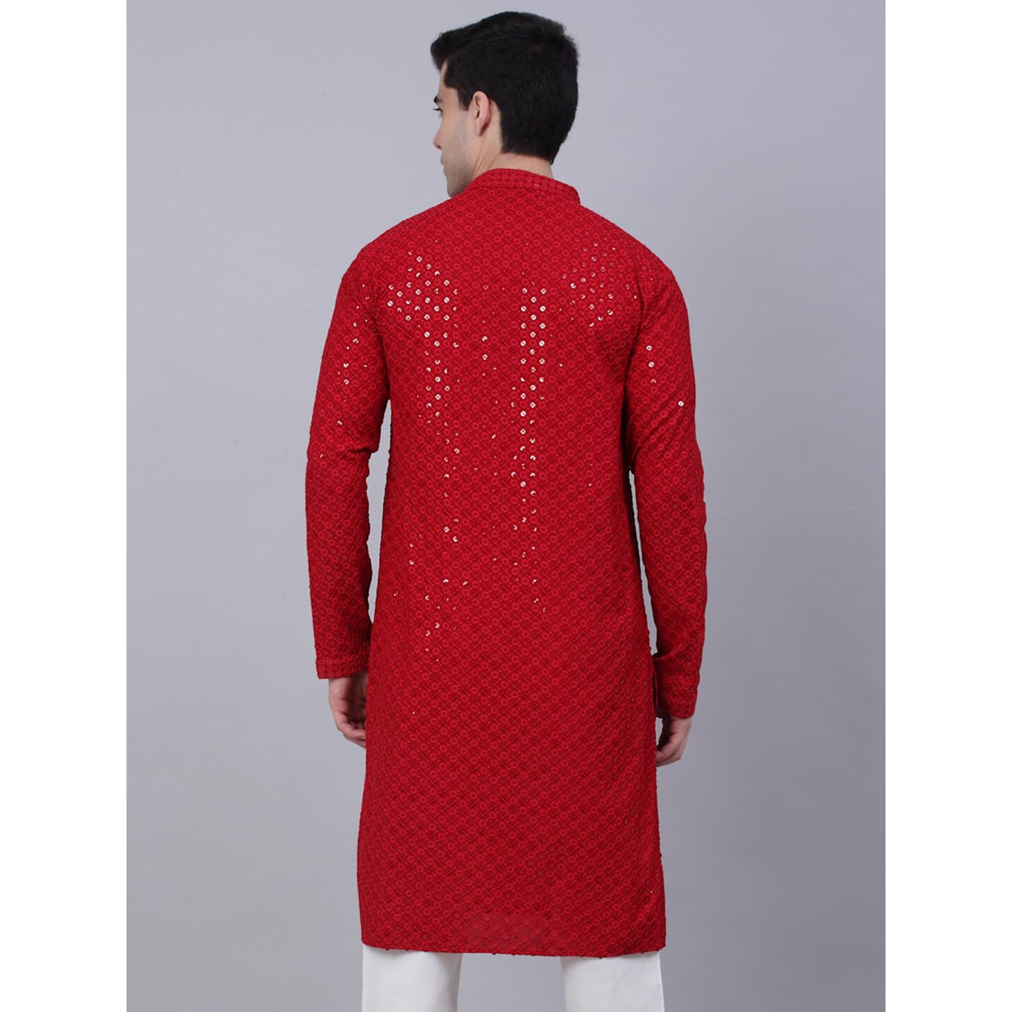 Jompers Men's Chikankari Embroidered And Sequence Kurtas (Maroon, S)