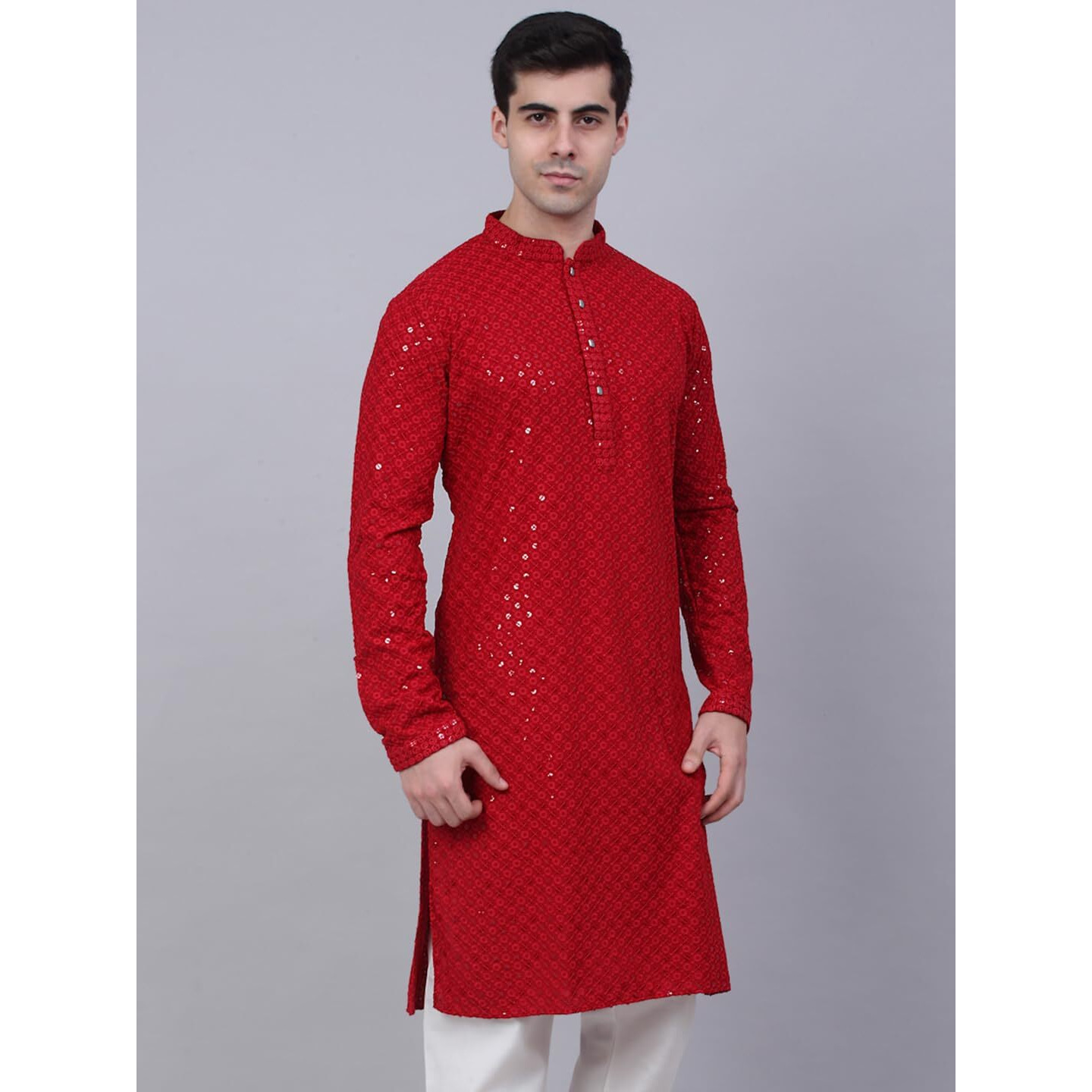 Jompers Men's Chikankari Embroidered And Sequence Kurtas (Maroon, S)